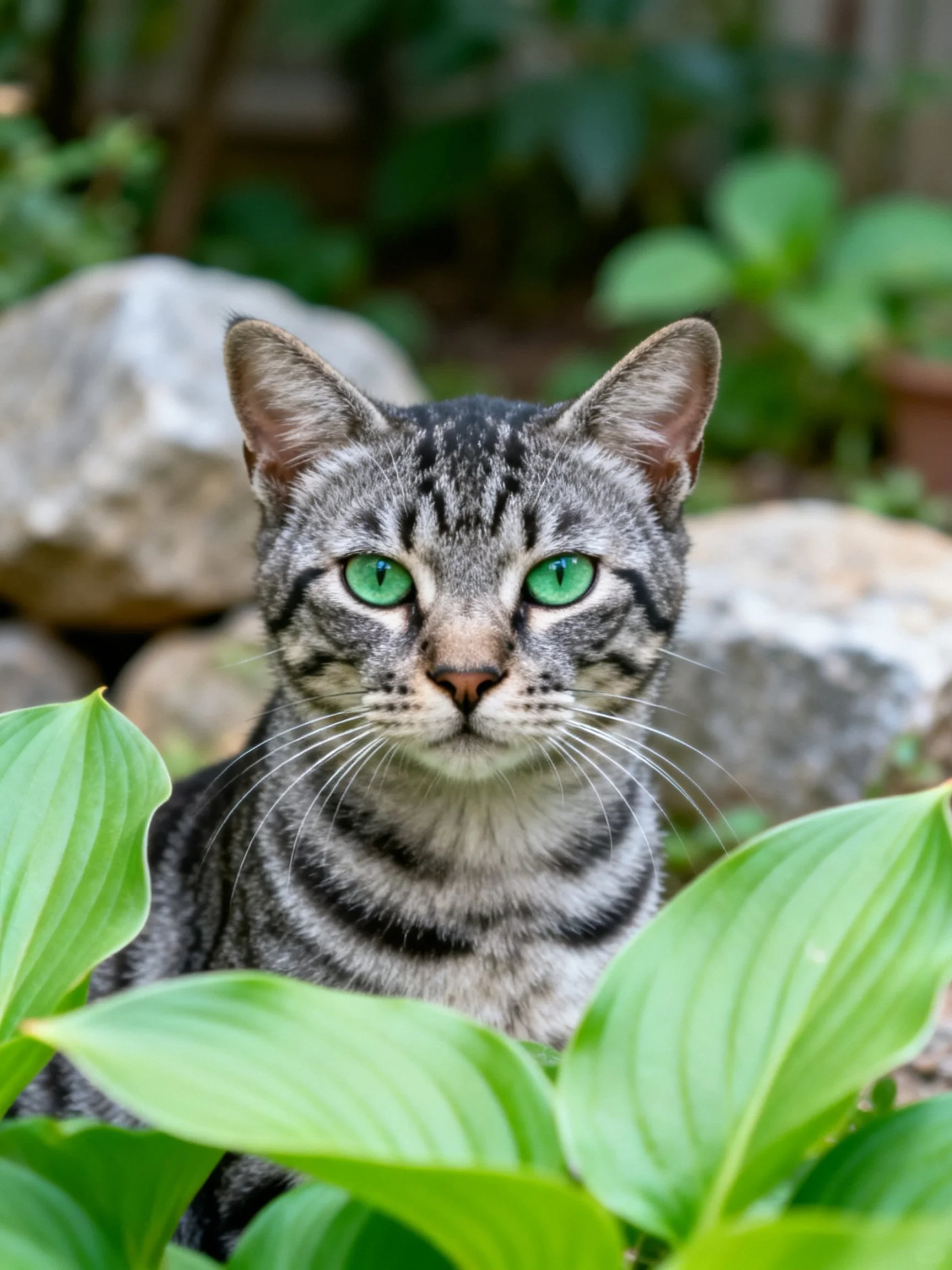 A gray tabby cat with bright green eyes sits among lush greenery and large stones.