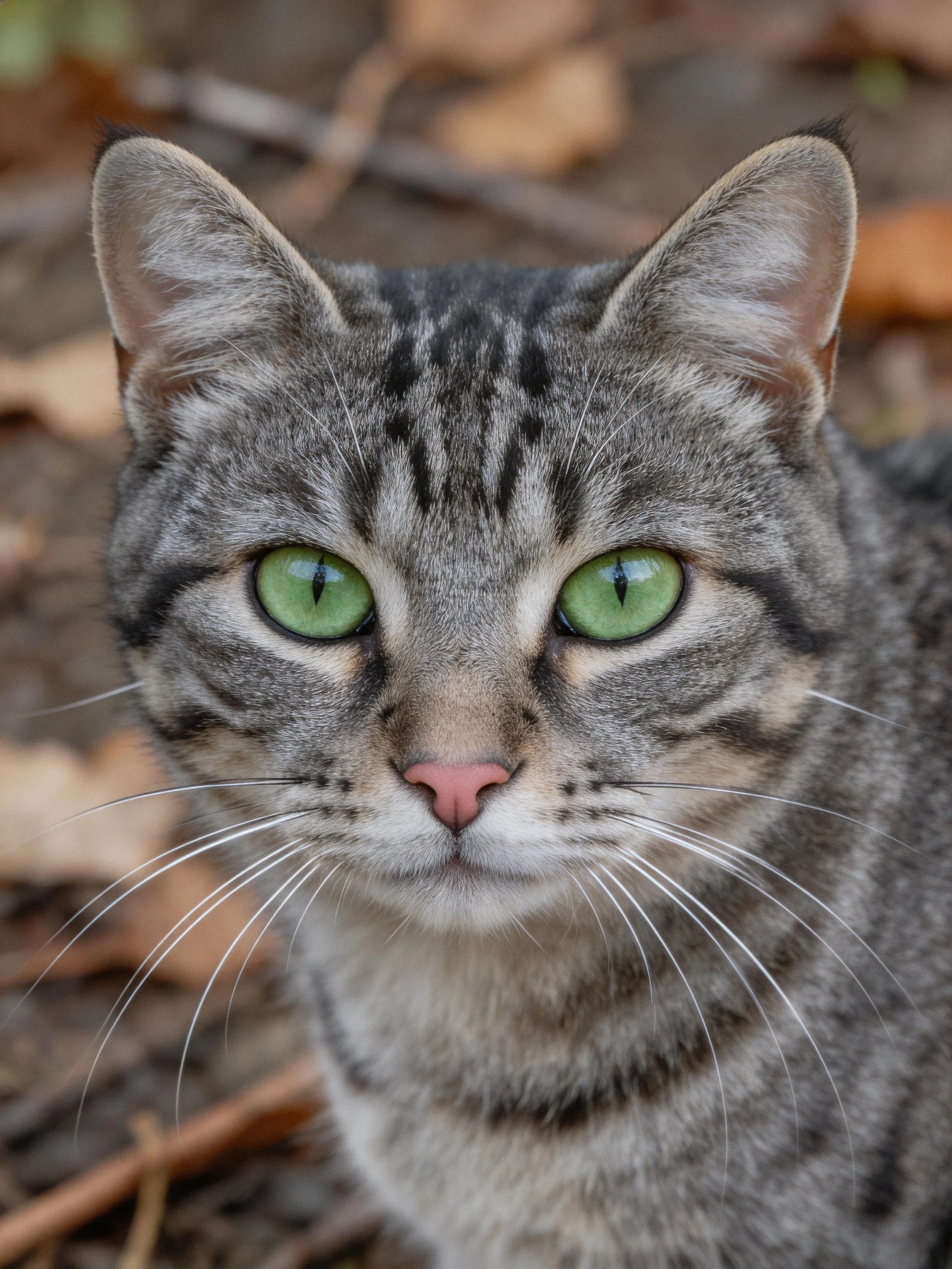 A gray tabby cat with green eyes is surrounded by fallen leaves outdoors.