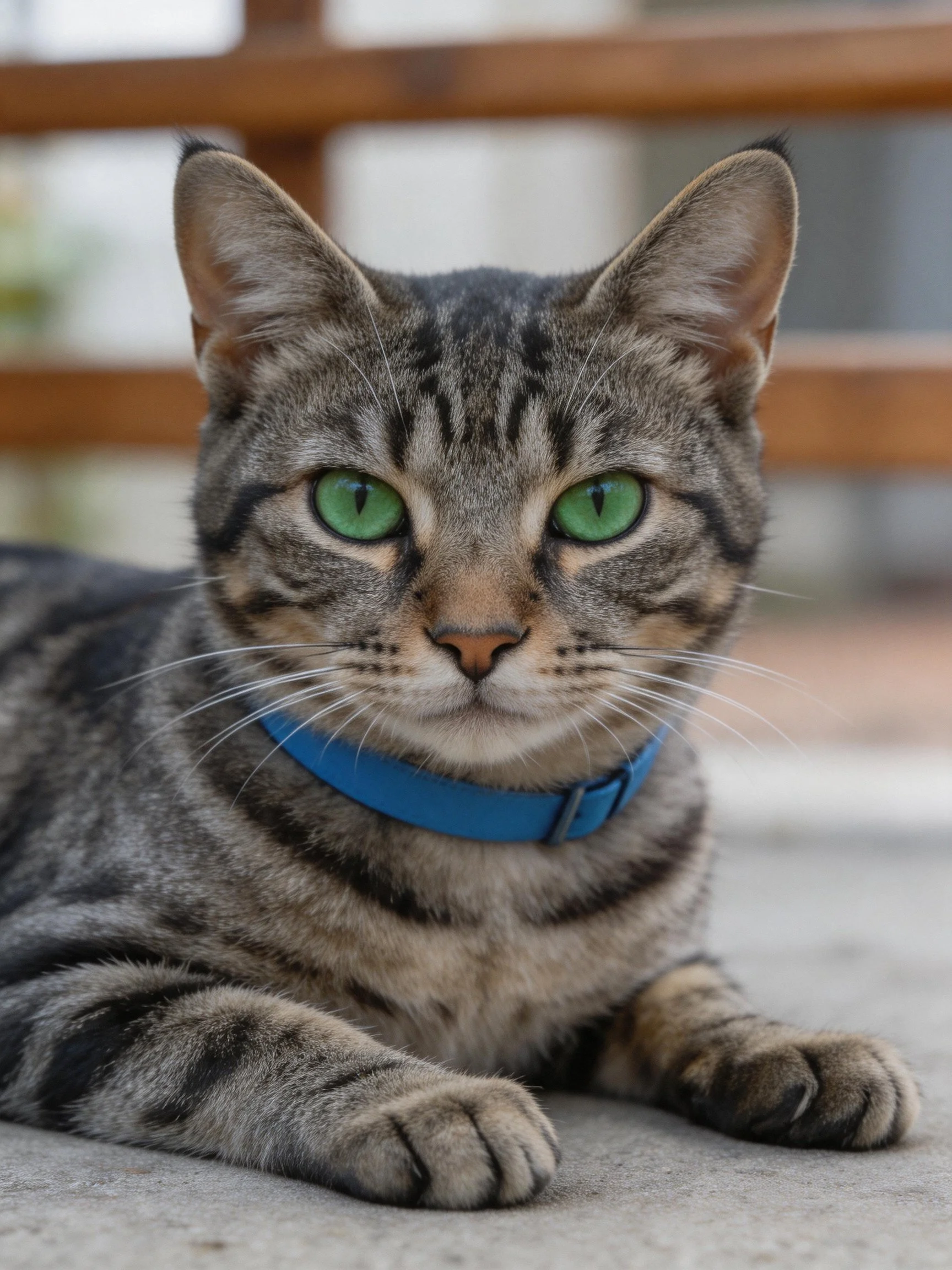 A gray tabby cat with green eyes wears a blue collar while resting.