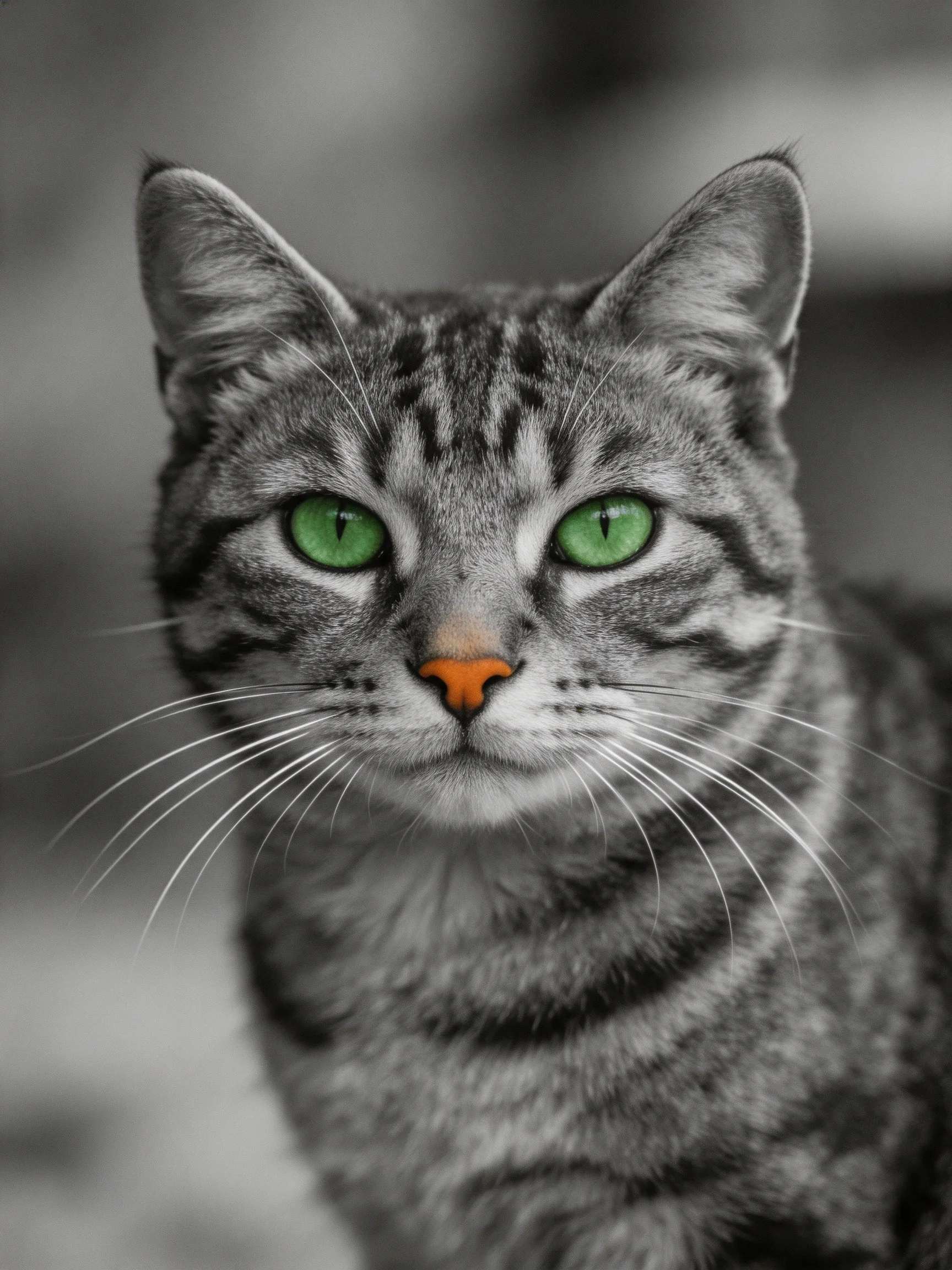 A gray tabby cat with vivid green eyes and an orange nose stands out against a blurred backdrop.