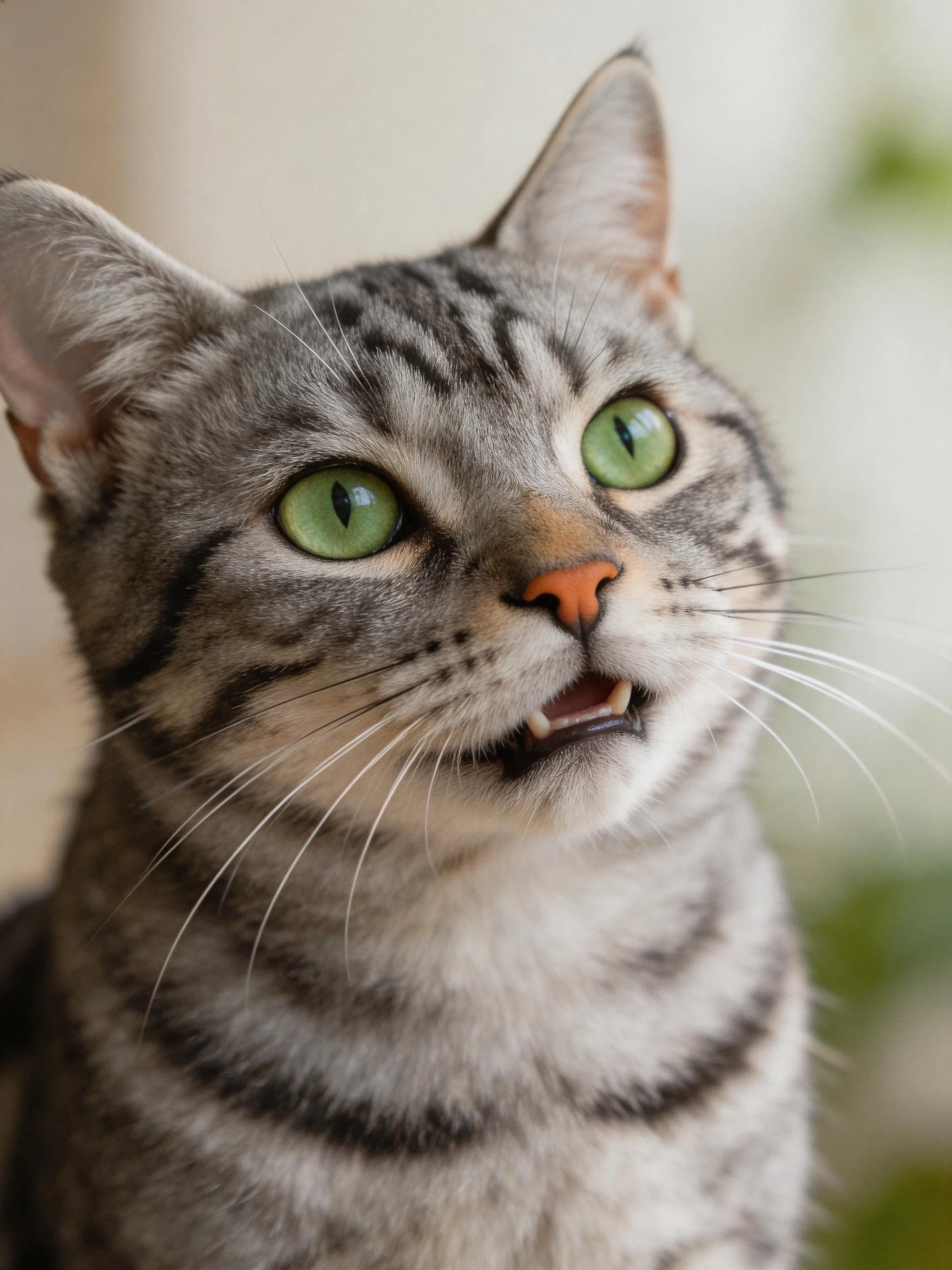 A gray tabby cat with bright green eyes gazes upward with mouth open.