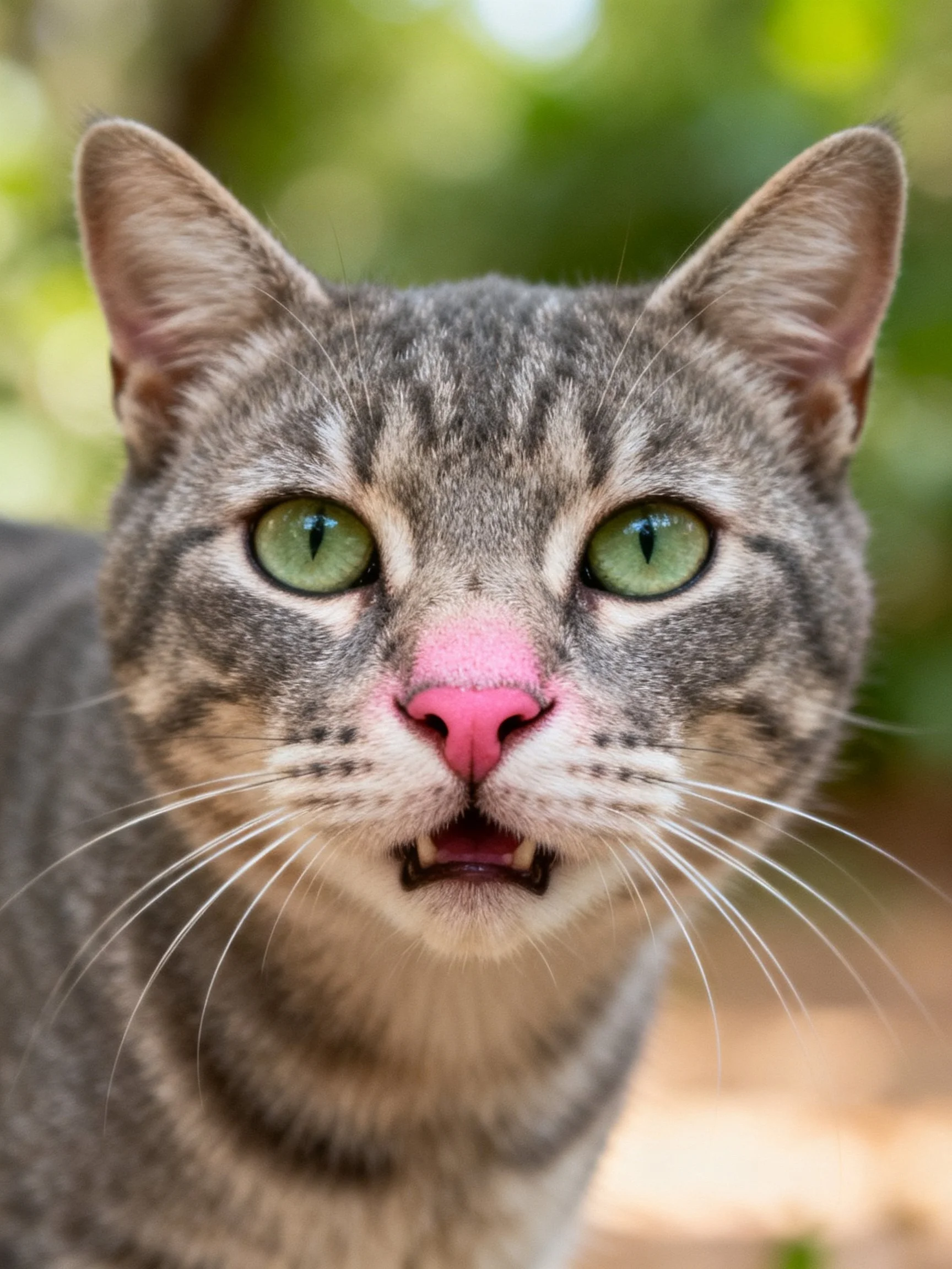 A gray tabby cat with green eyes and pink nose appears alert outdoors.