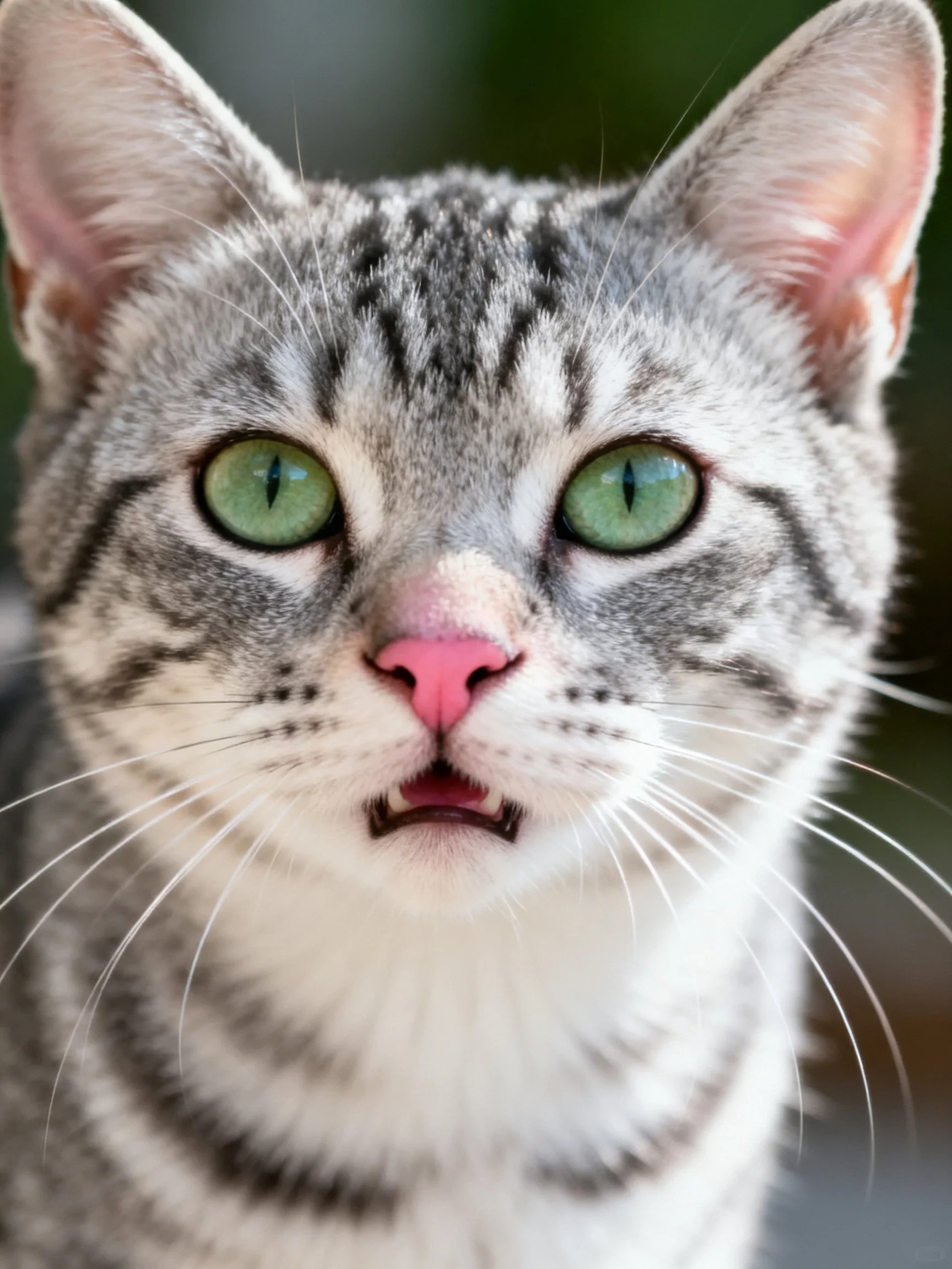 A close - up of a gray tabby cat with vivid green eyes.