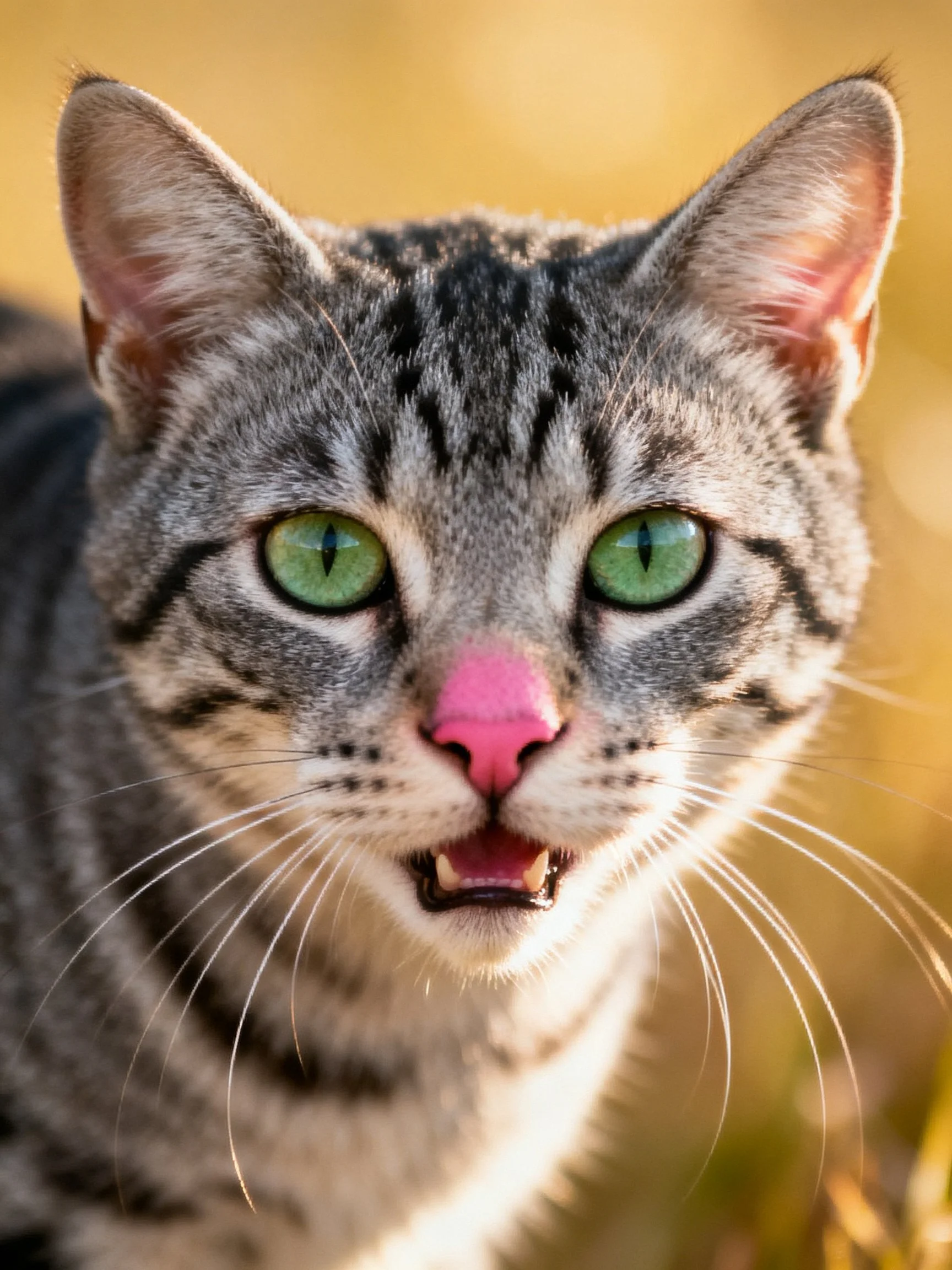 Close - up of a gray tabby cat with vibrant green eyes and pink nose.