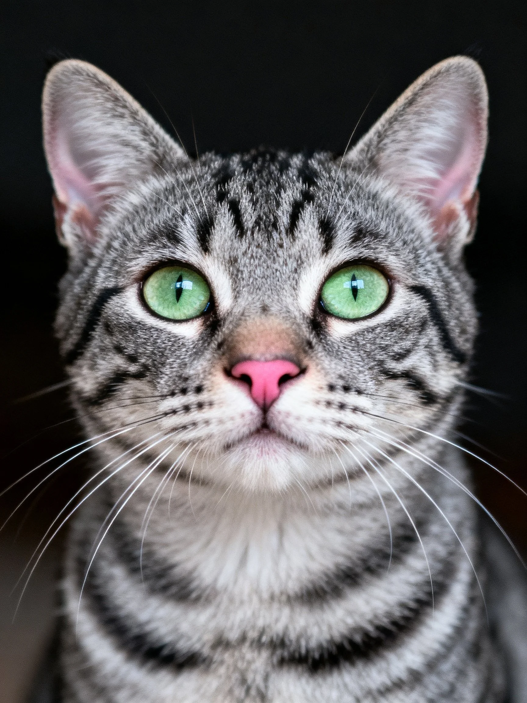 A gray tabby cat with bright green eyes is photographed closely against darkness.