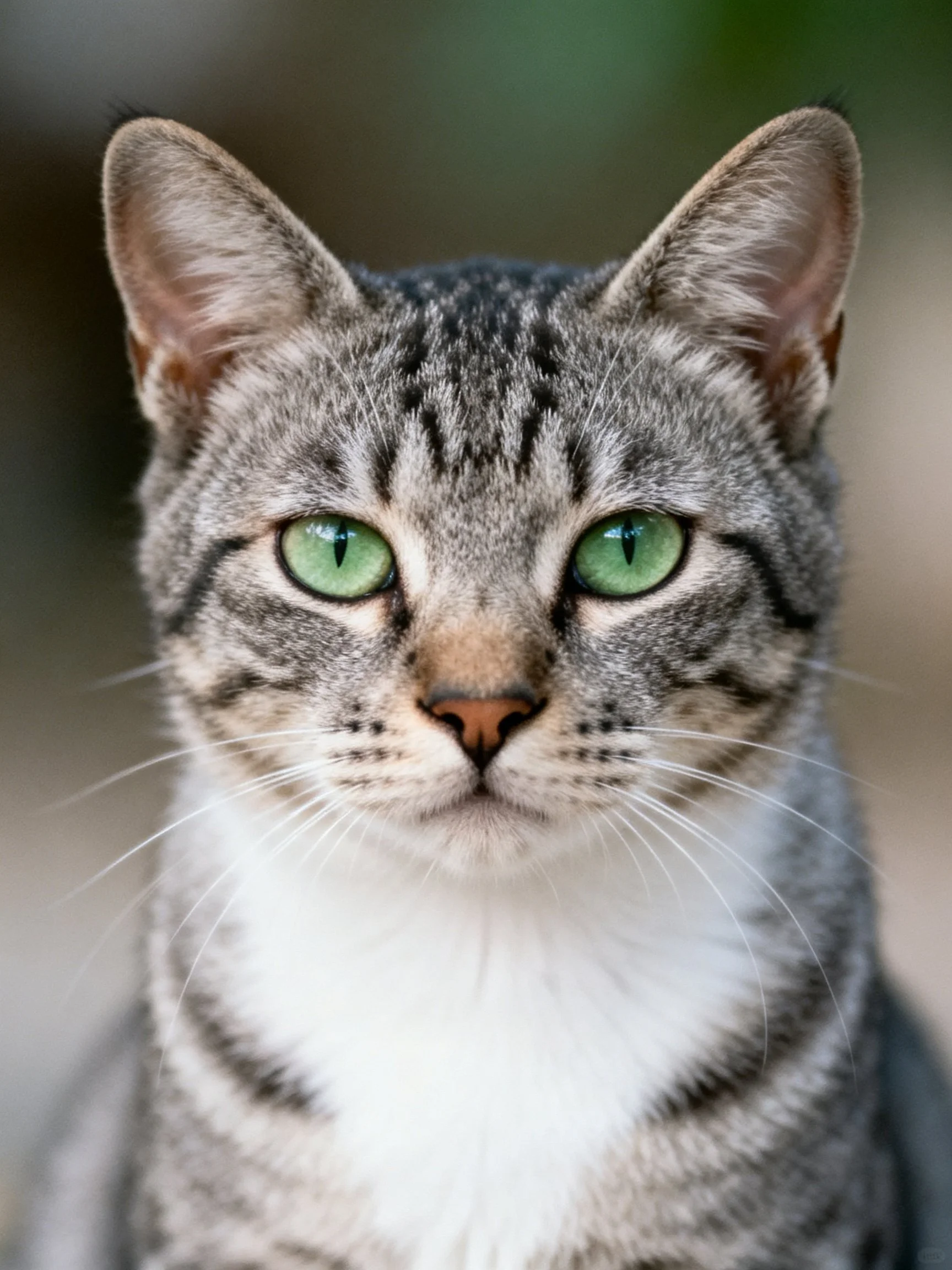 A close - up of a gray tabby cat with bright green eyes and white chest.