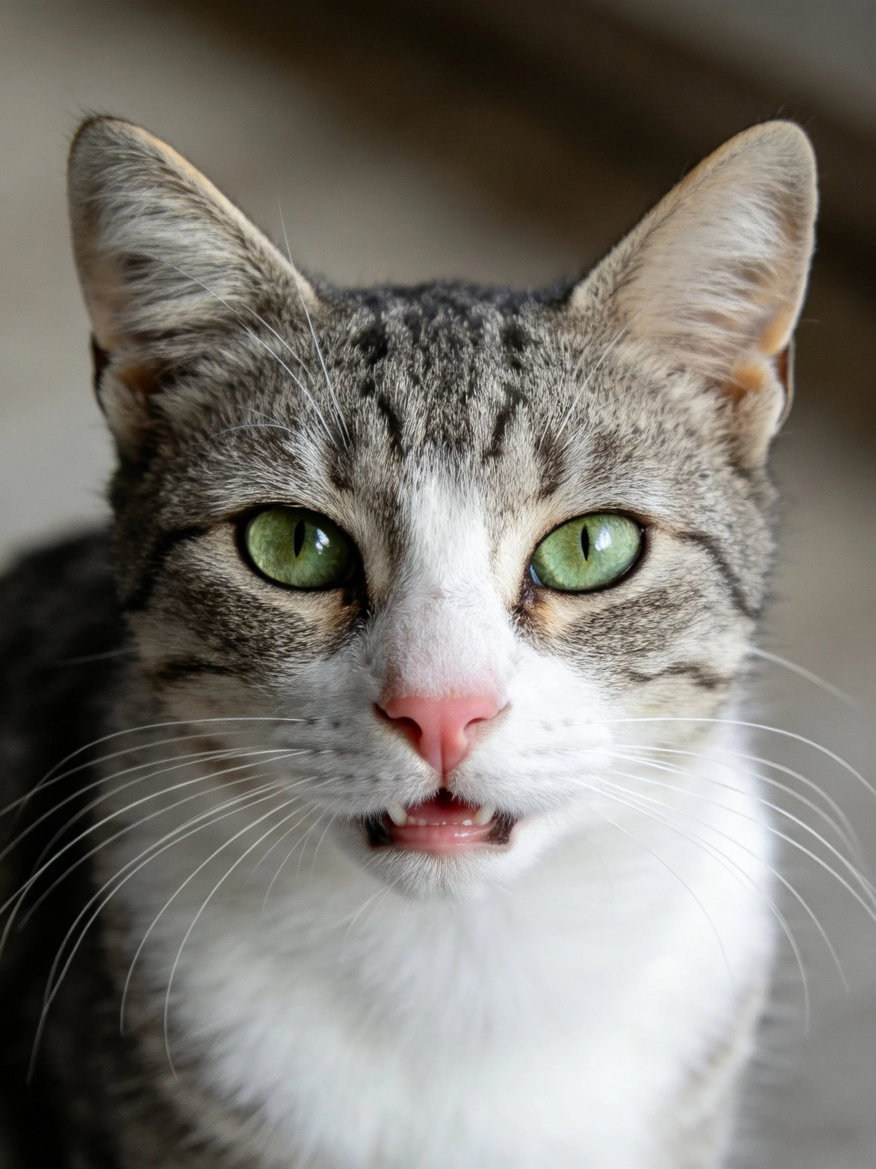 A gray tabby cat with bright green eyes and white chest