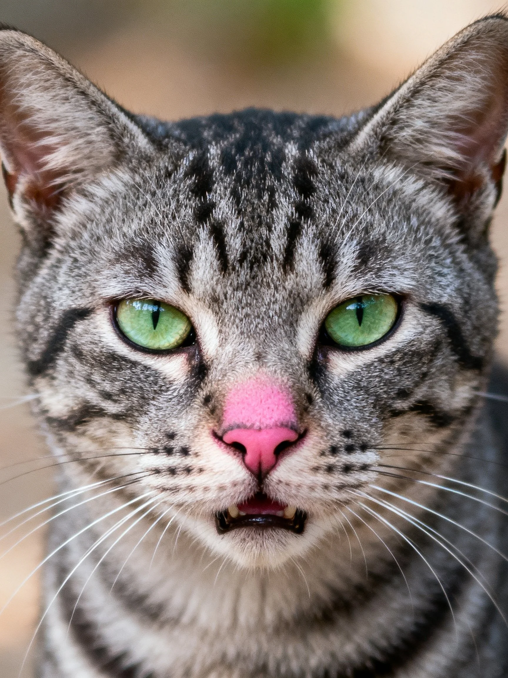 Close-up view of a gray tabby cat with vibrant green eyes.