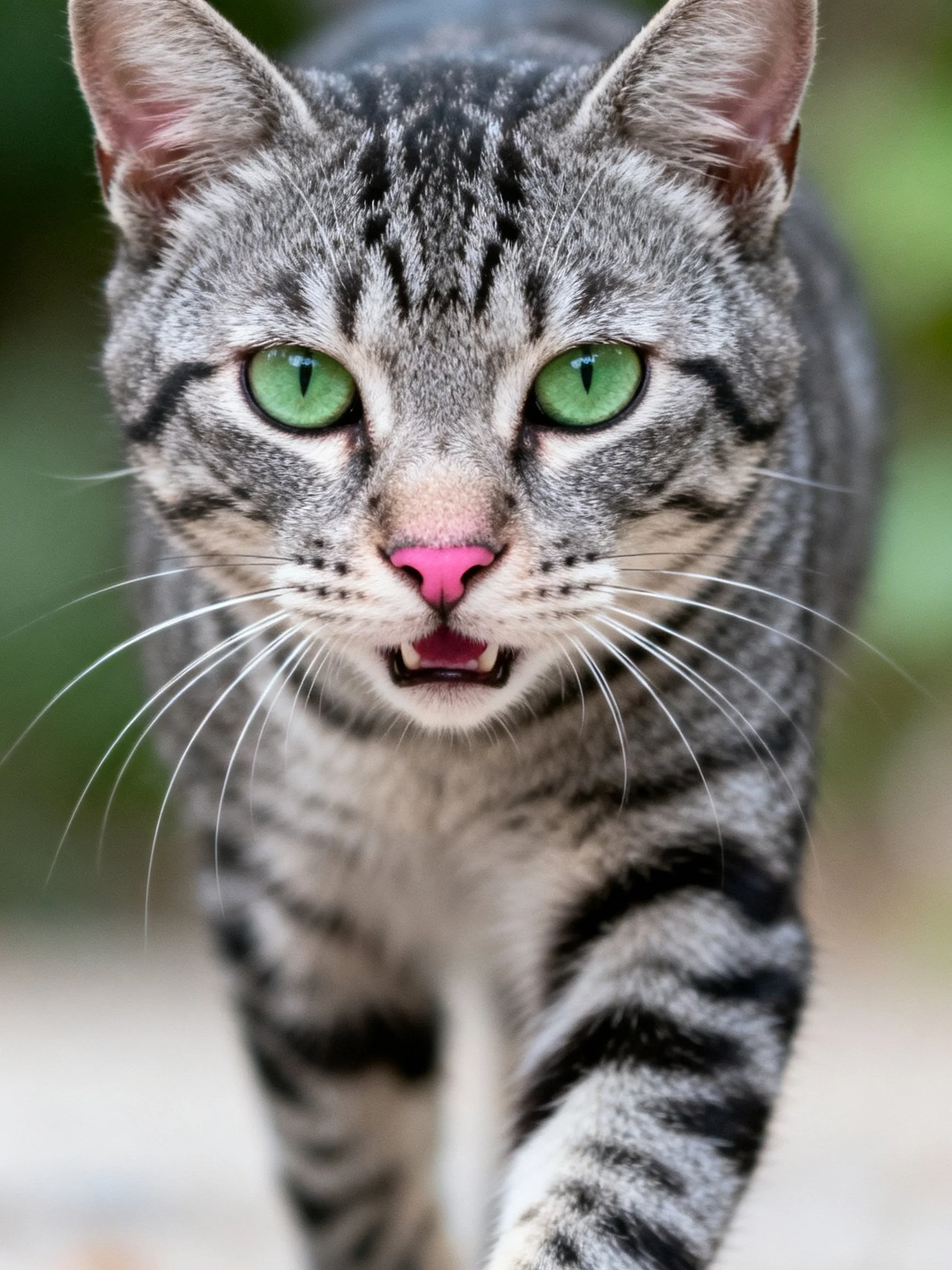A gray tabby cat with bright green eyes moves toward the viewer