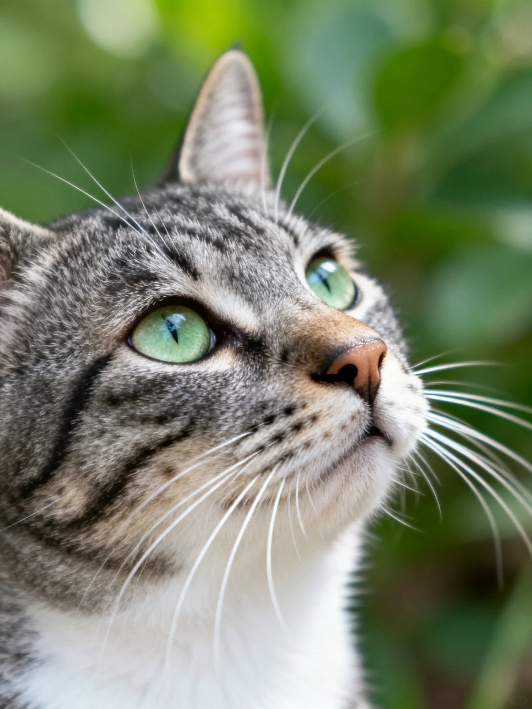 A gray tabby cat with green eyes looks upward toward a blurred green backdrop