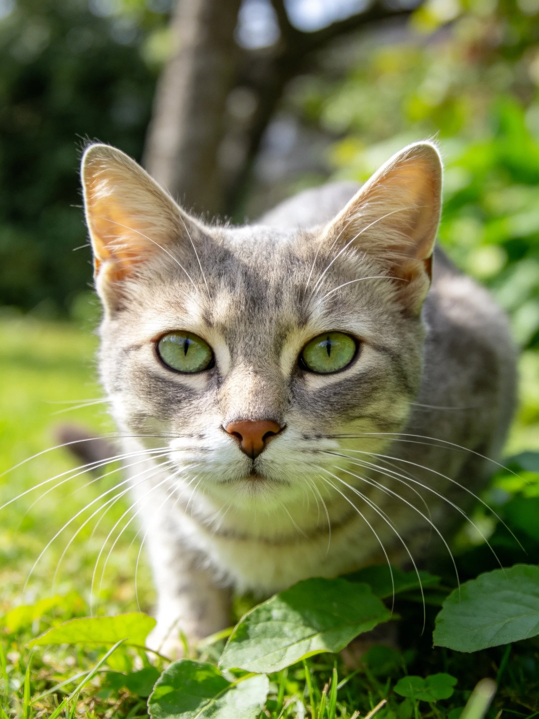 A gray tabby cat with green eyes is positioned among green vegetation outdoors.