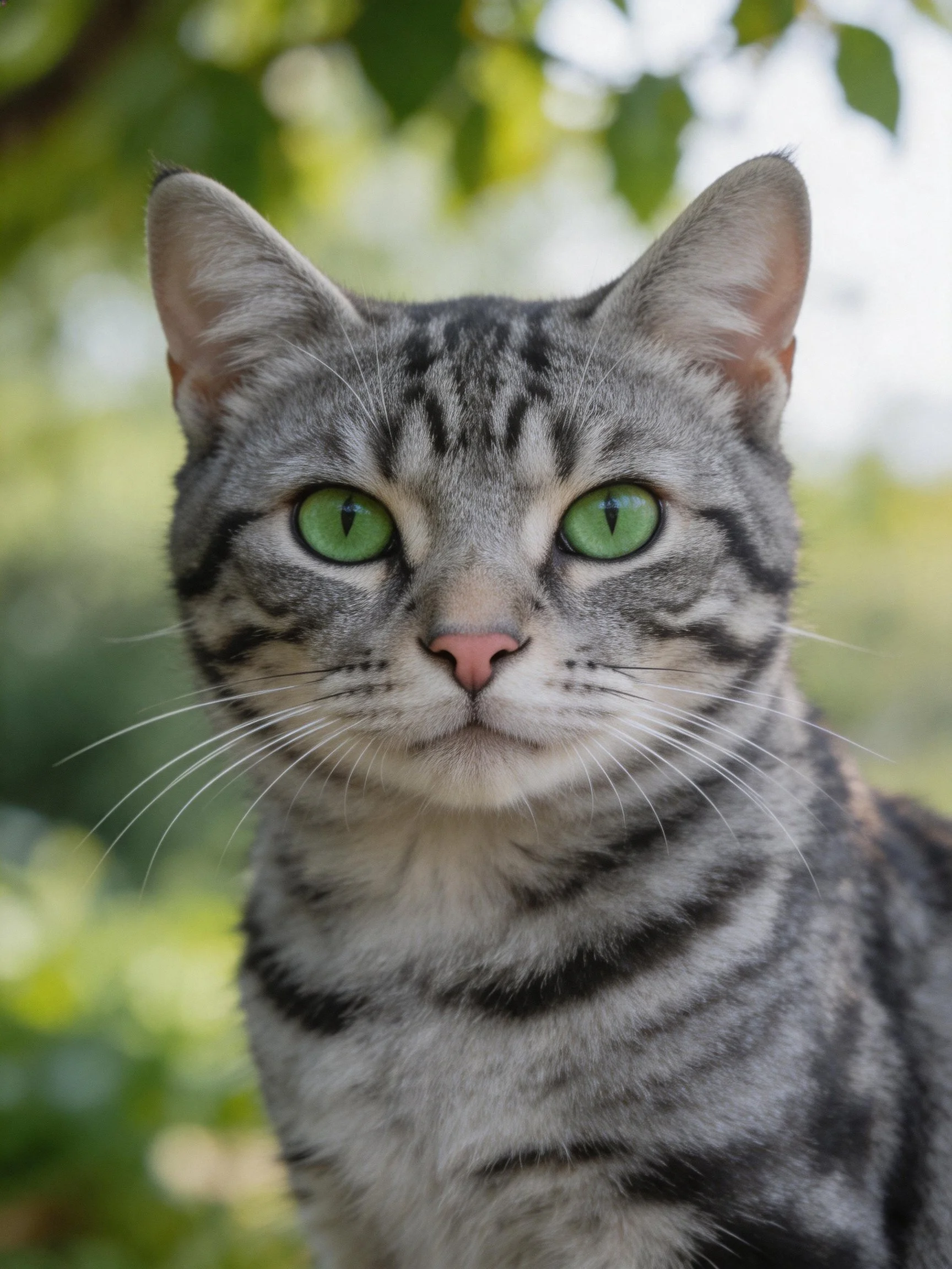 A gray tabby cat with bright green eyes is photographed outdoors.