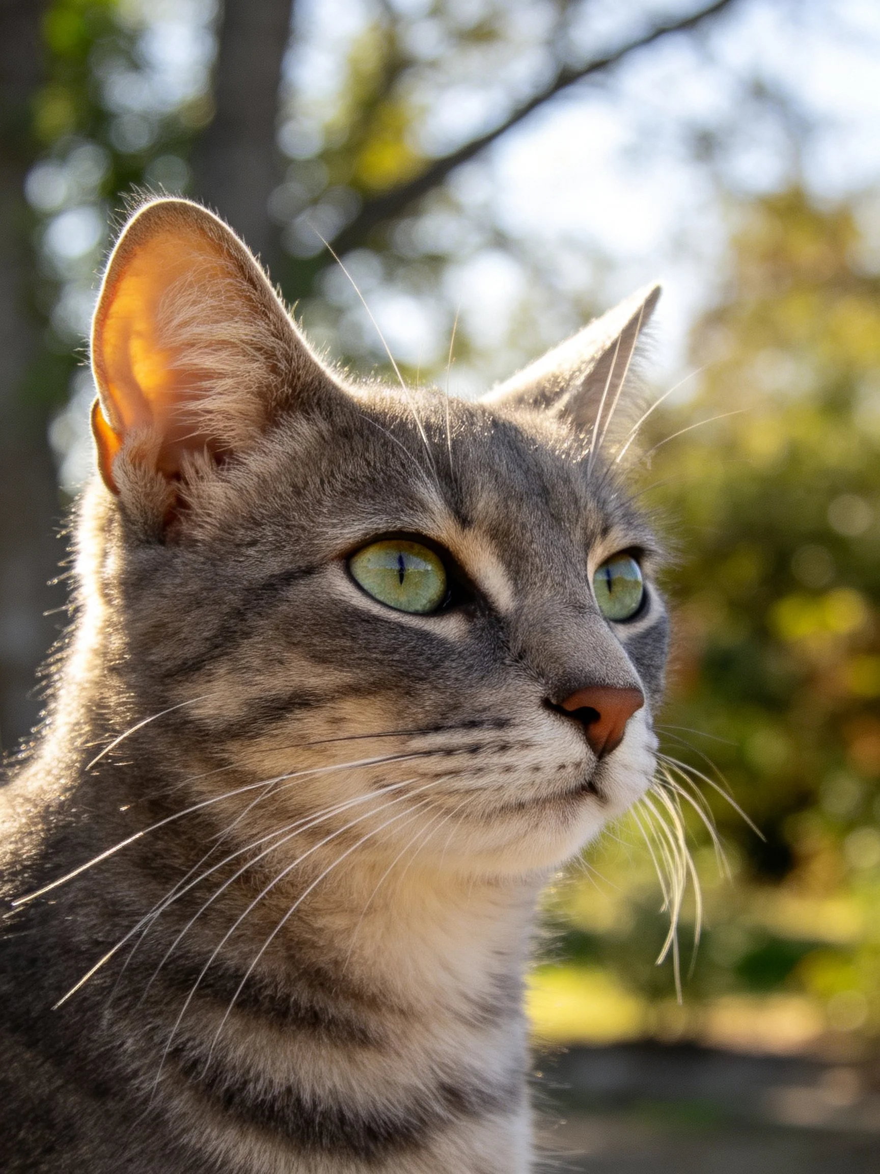 A gray tabby cat with bright green eyes gazes thoughtfully in a sunlit outdoor environment.