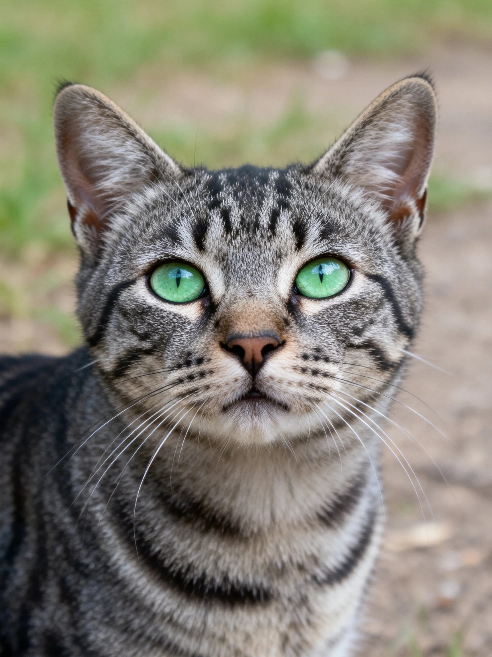 A gray tabby cat with striking green eyes is photographed outdoors.