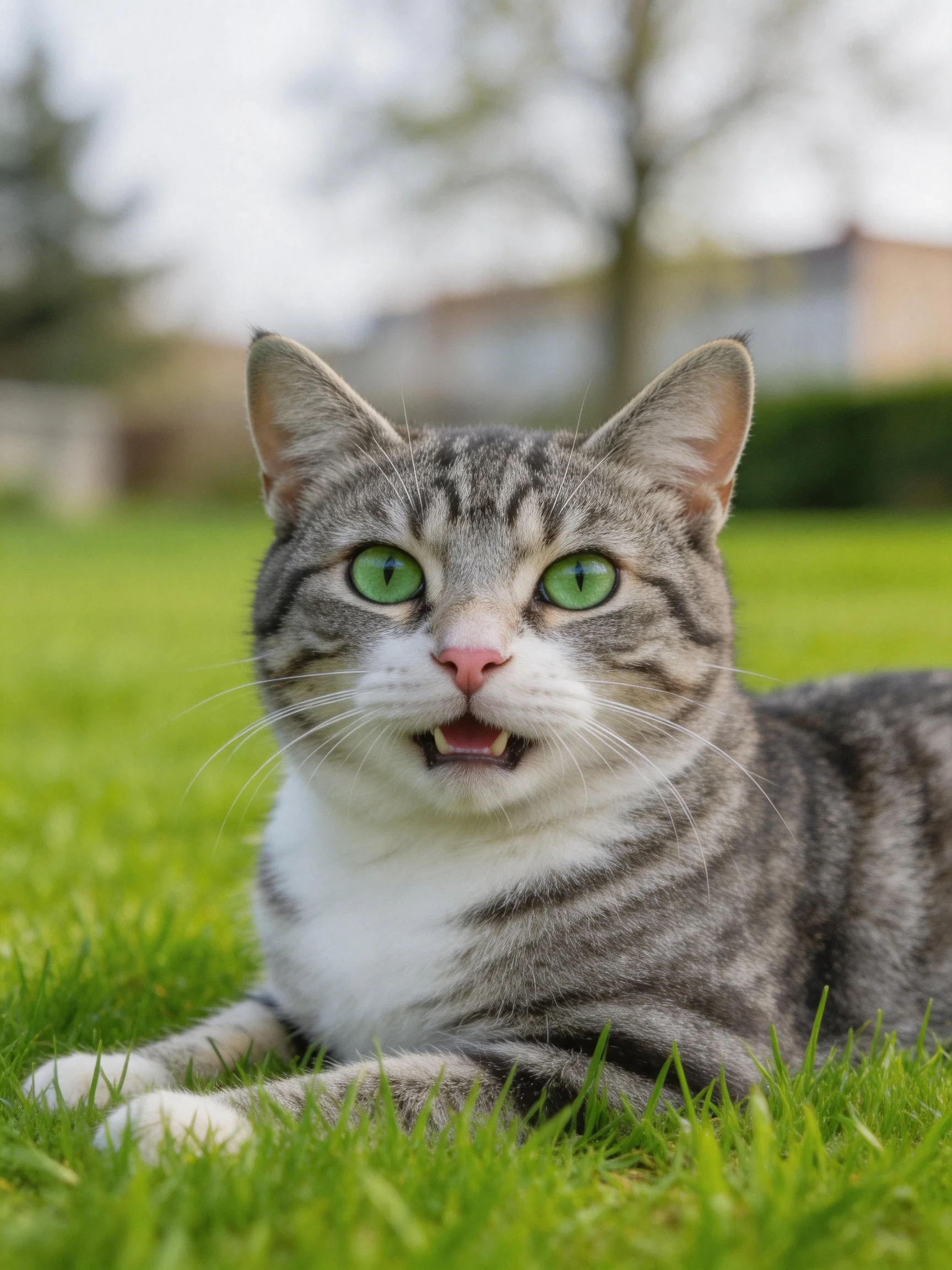A gray tabby cat with bright green eyes relaxes on green grass outdoors.