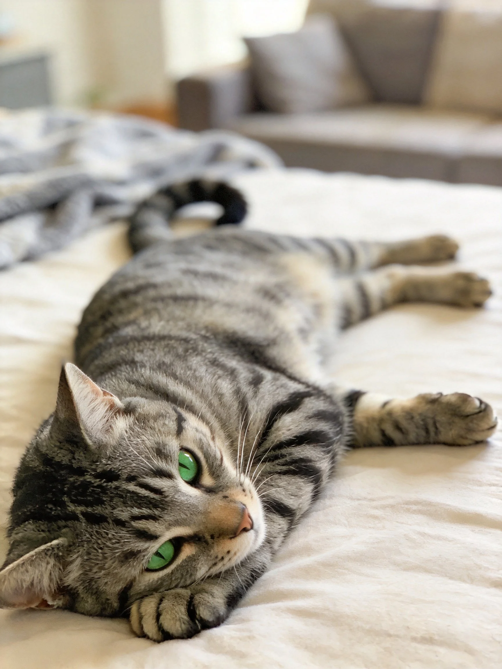 A gray tabby cat with green eyes relaxes on white bedding in a cozy room.