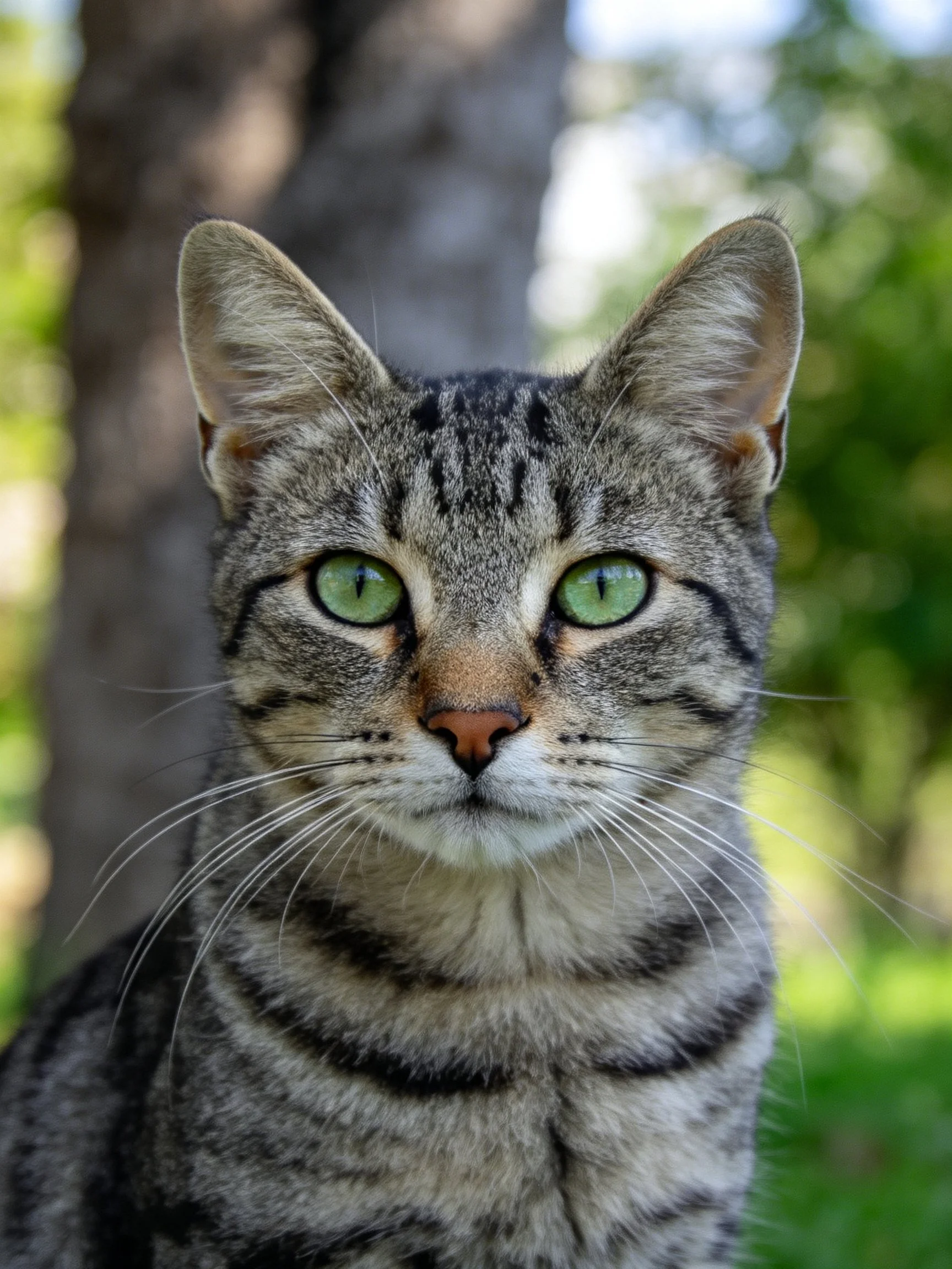 A gray tabby cat with green eyes is photographed up close near trees.