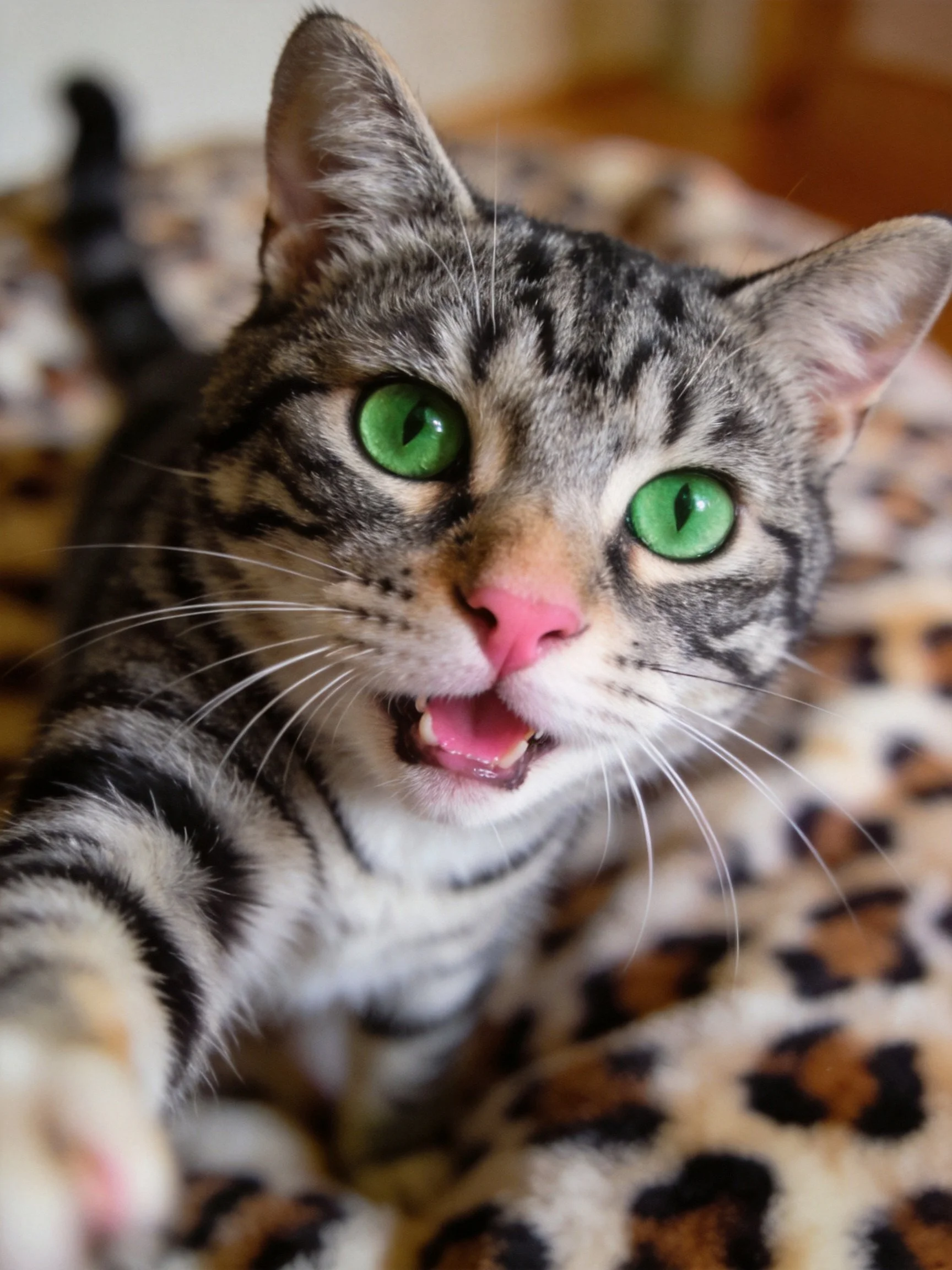 A gray tabby cat with green eyes rests on a leopard print surface.