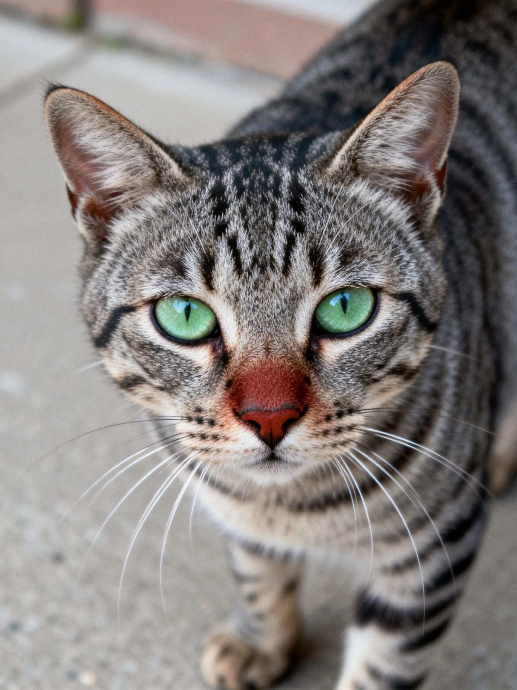 A gray tabby cat with bright green eyes stands on concrete.