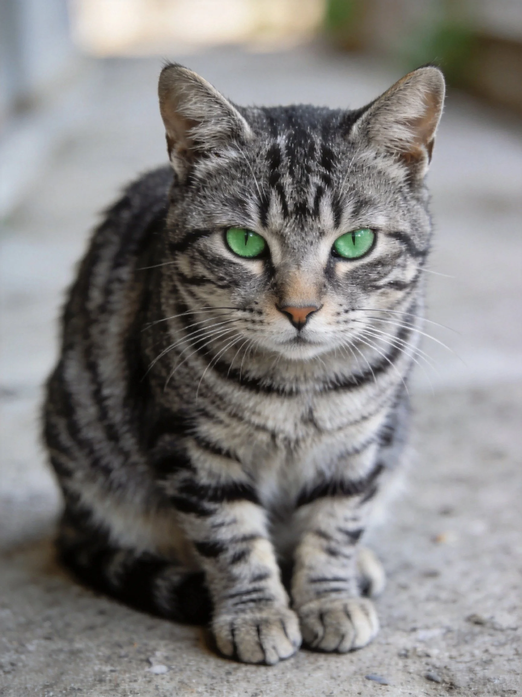 A gray tabby cat with green eyes sits calmly on a concrete surface.