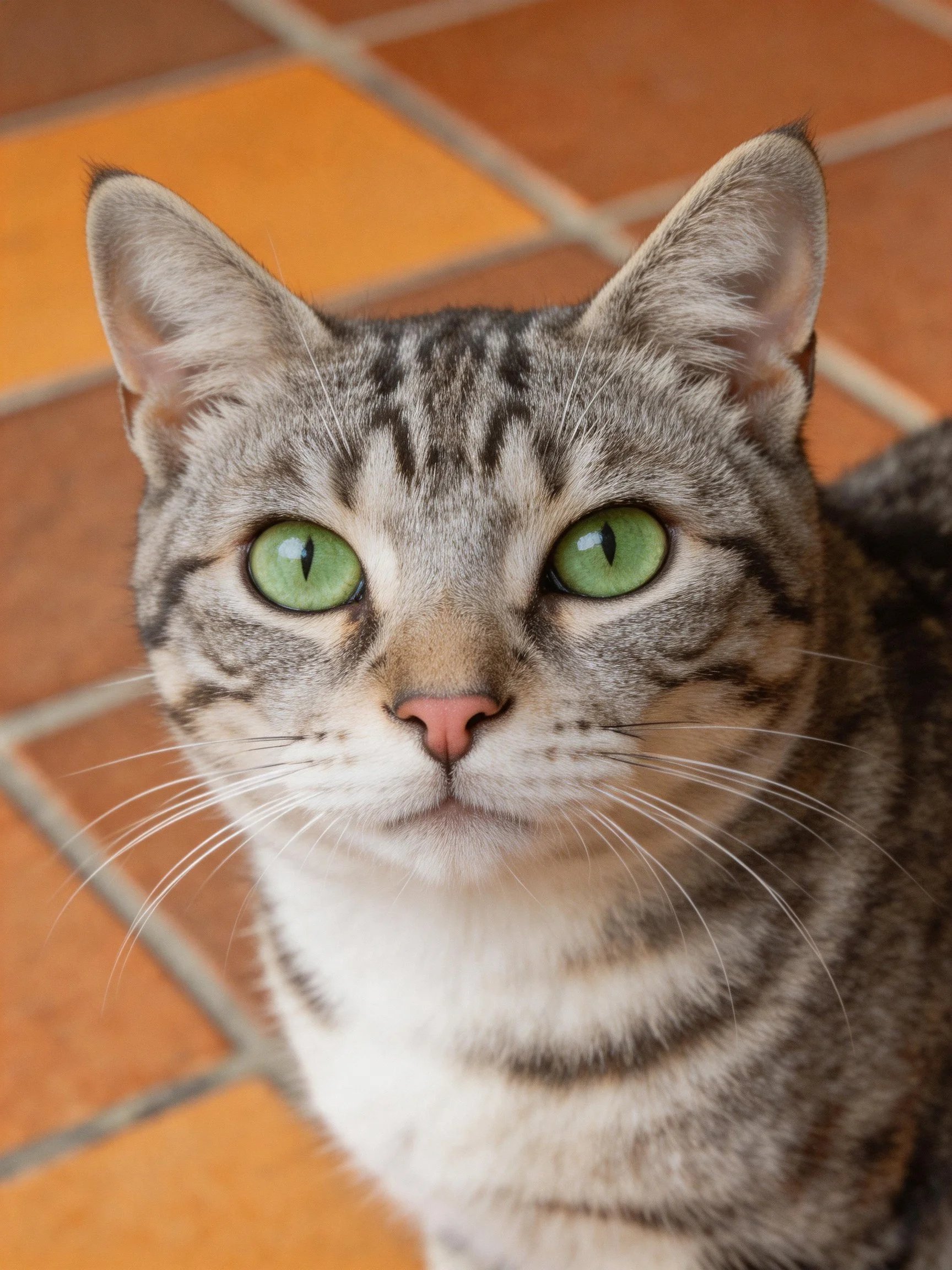 A gray tabby cat with bright green eyes on terracotta tiles