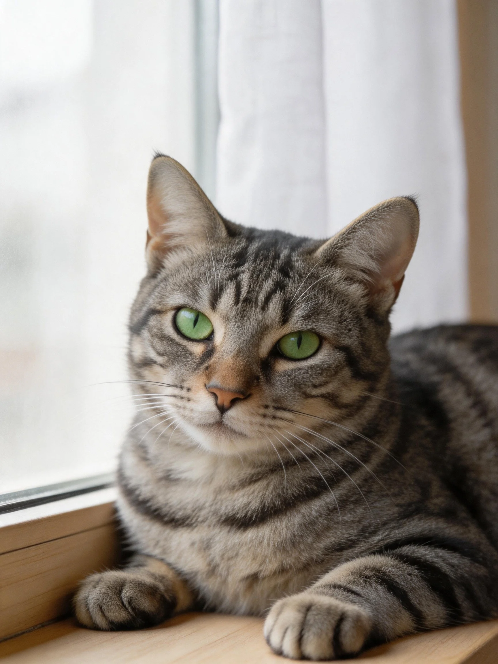 A gray tabby cat with green eyes relaxes by a window.