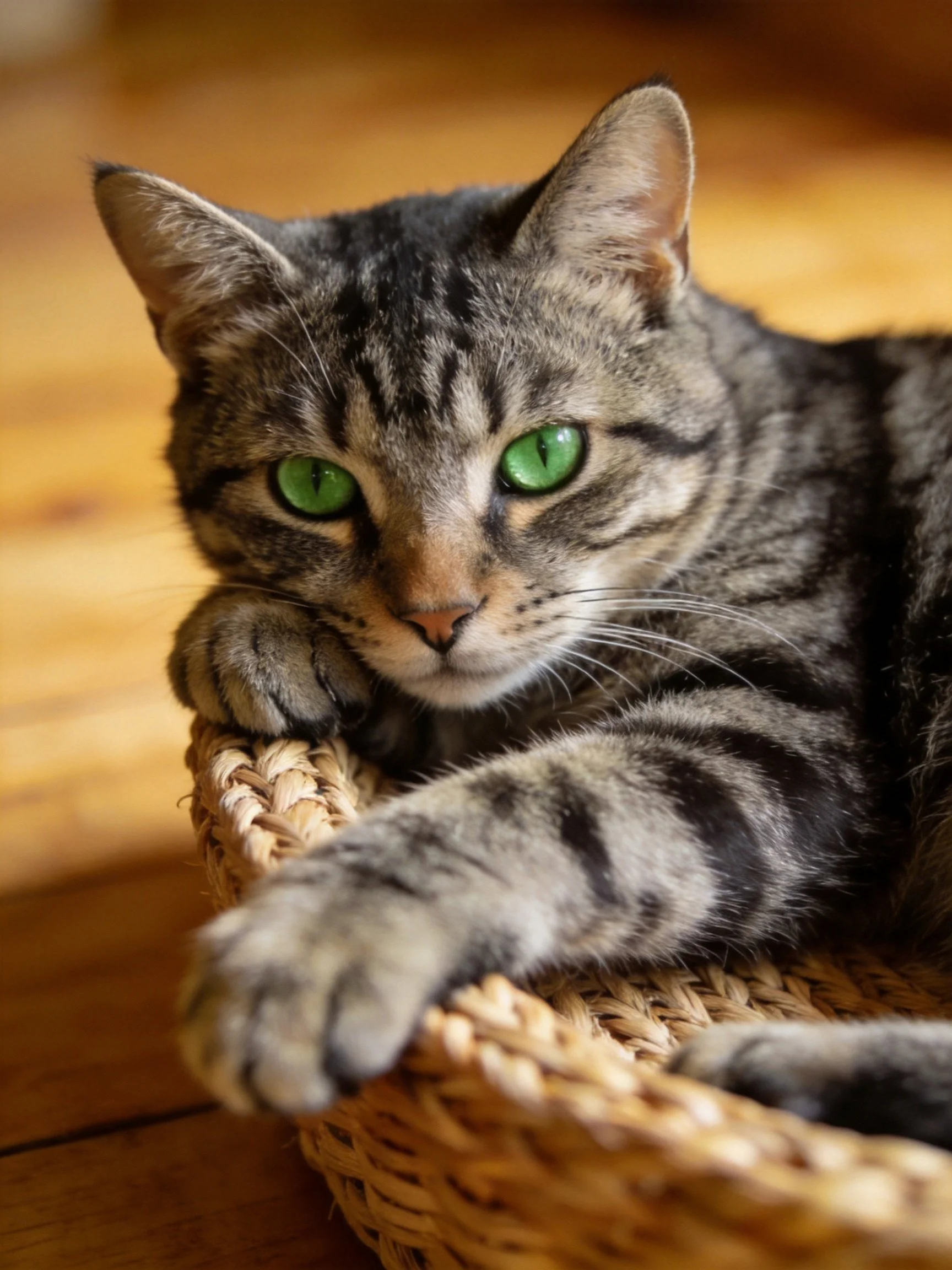 A gray tabby cat with green eyes relaxes in a wicker basket.