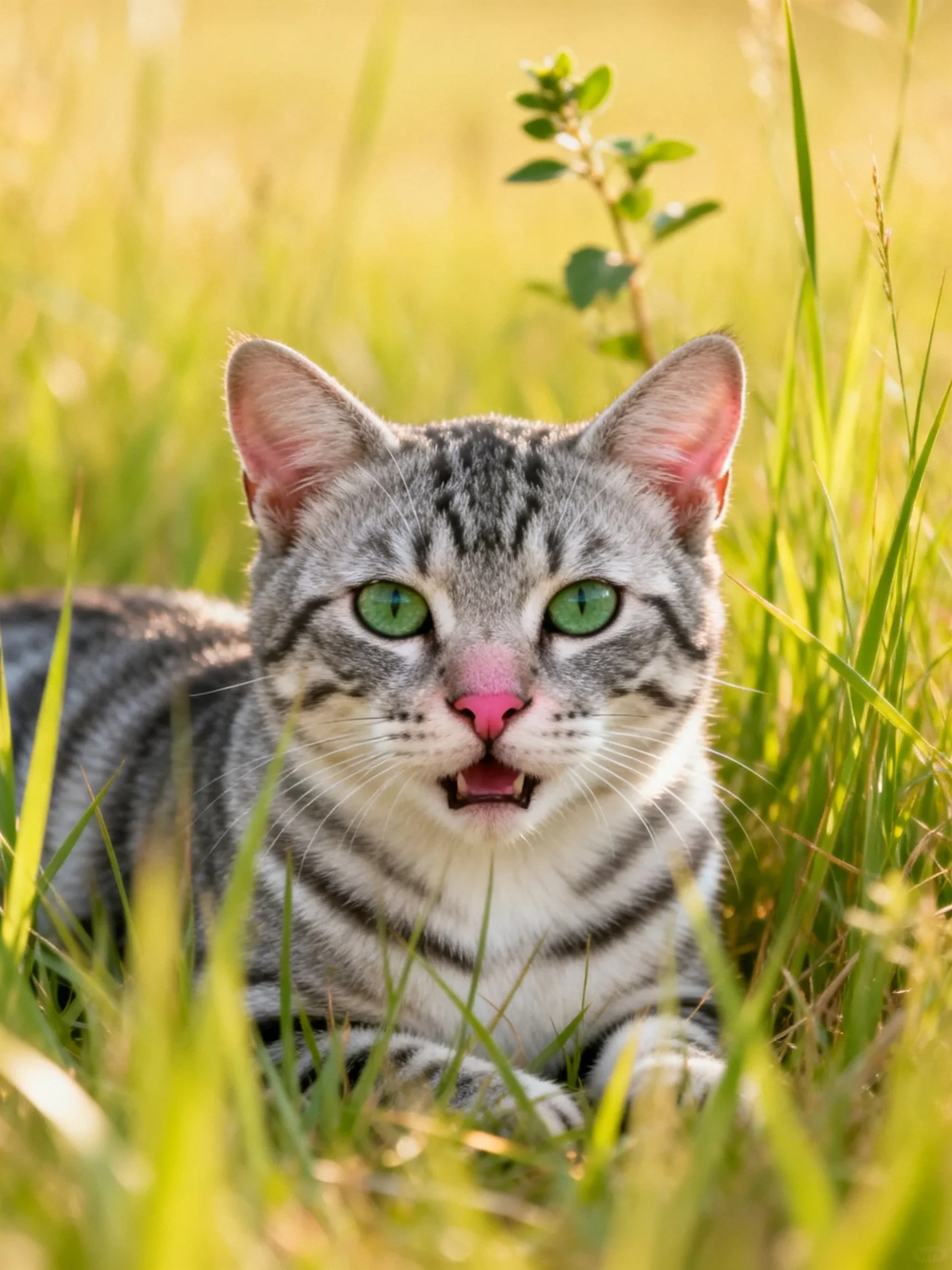 A gray tabby cat with green eyes relaxes among tall grass in a sunlit area.