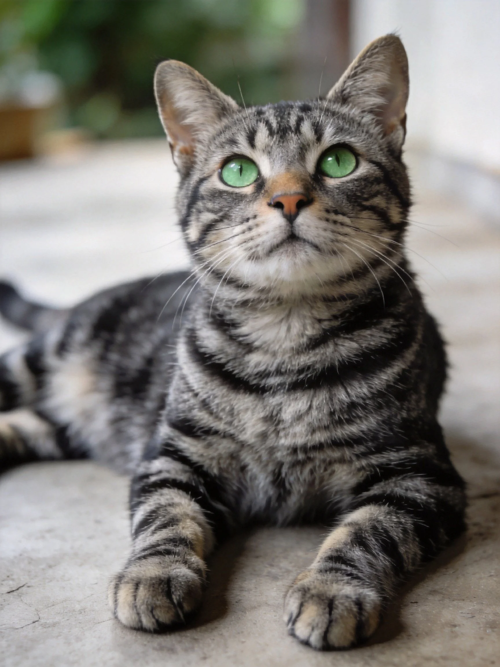 A gray tabby cat with bright green eyes resting on a smooth surface