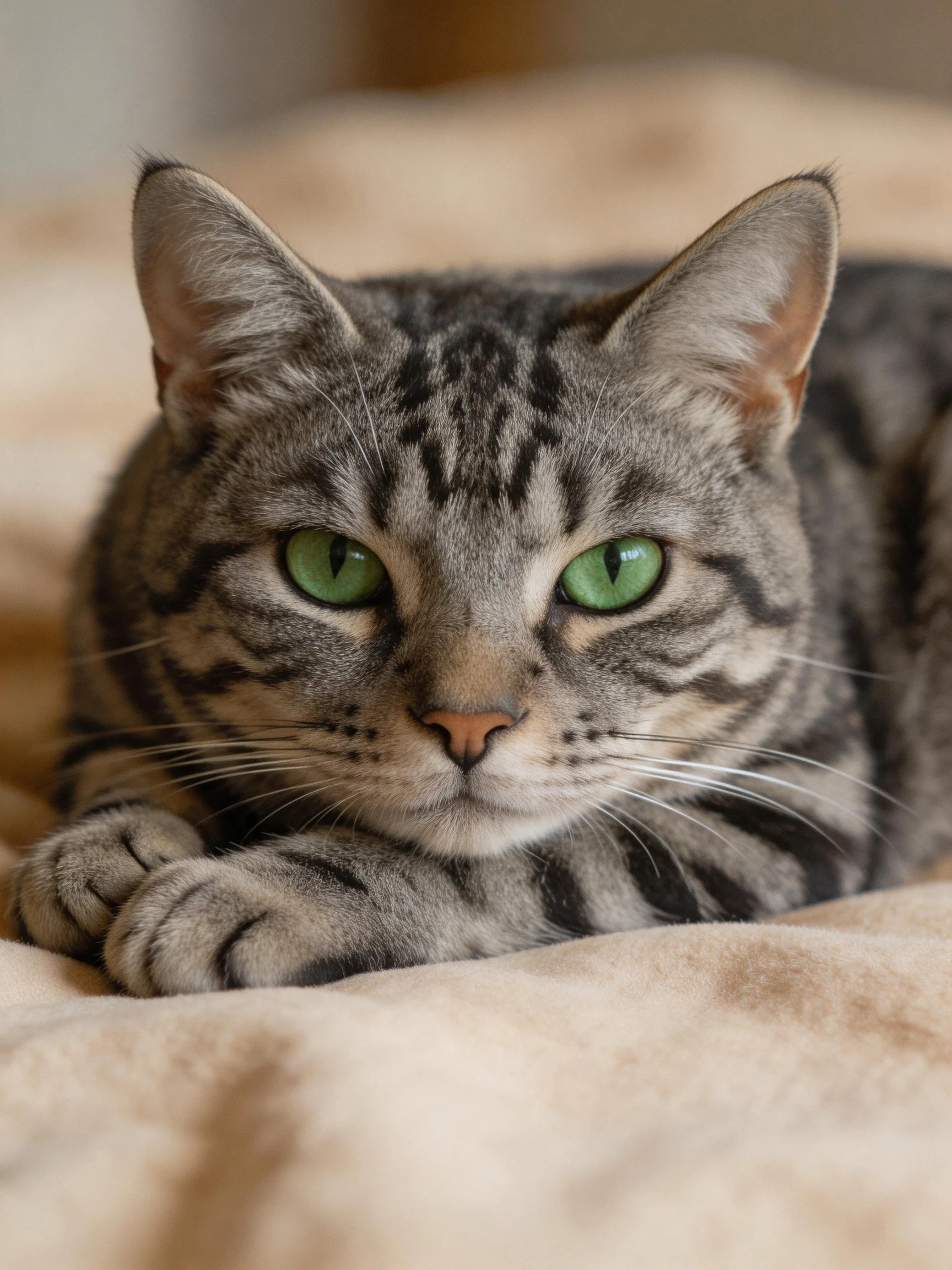 A gray tabby cat with vivid green eyes lies peacefully on a soft beige material.