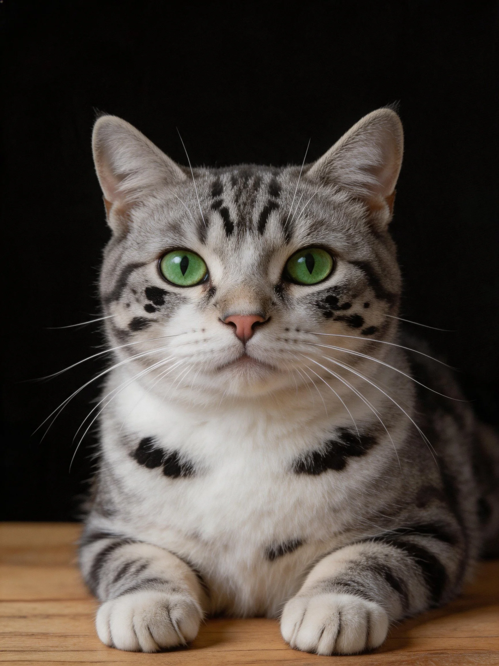 A gray tabby cat with green eyes rests calmly on a wooden surface.