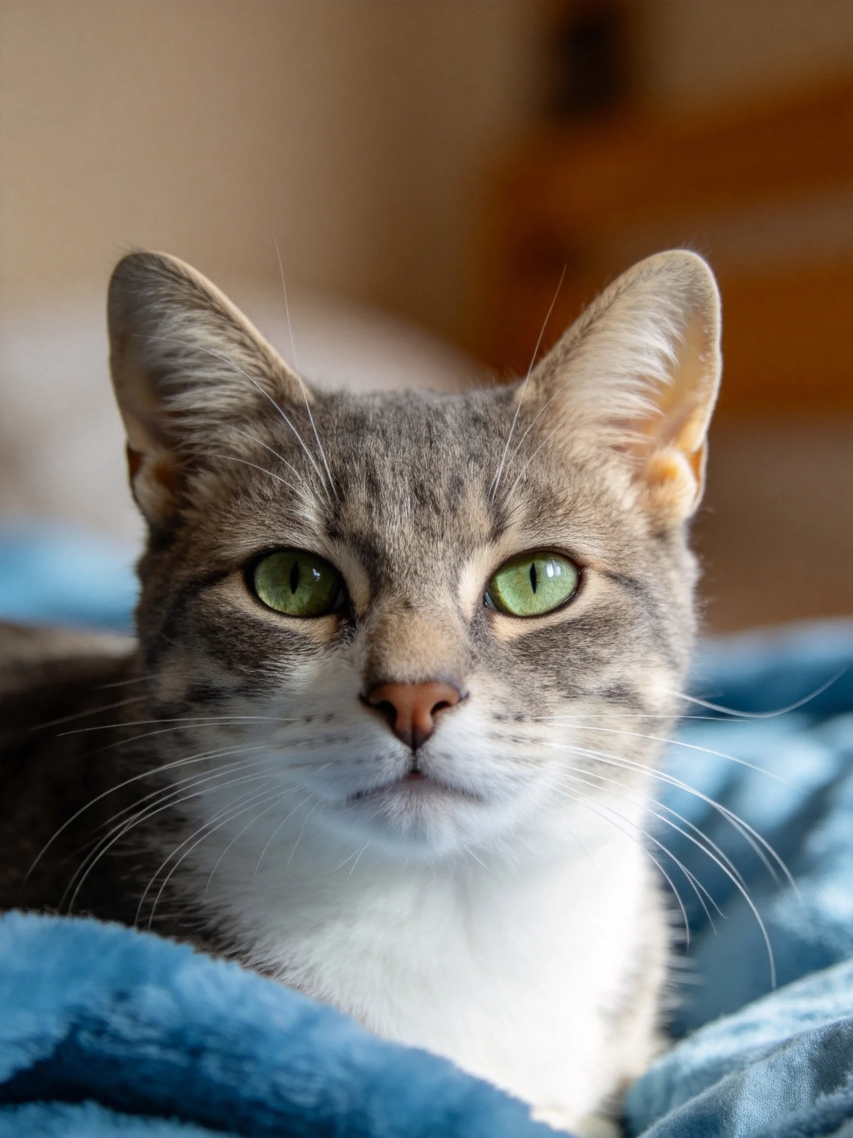 A gray tabby cat with green eyes rests on a blue blanket.