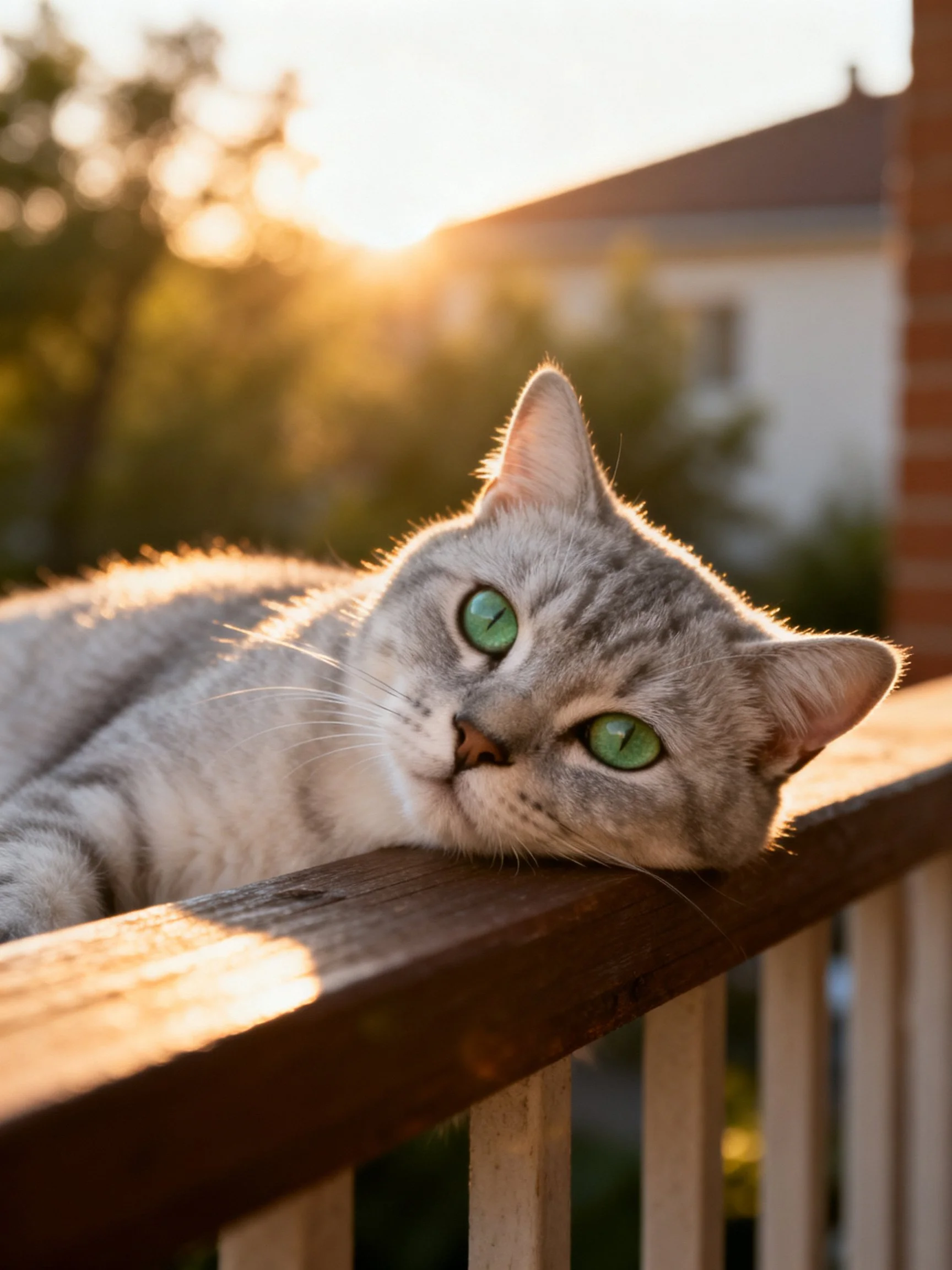 A gray tabby cat with green eyes relaxes on a wooden railing in a sunlit outdoor setting.