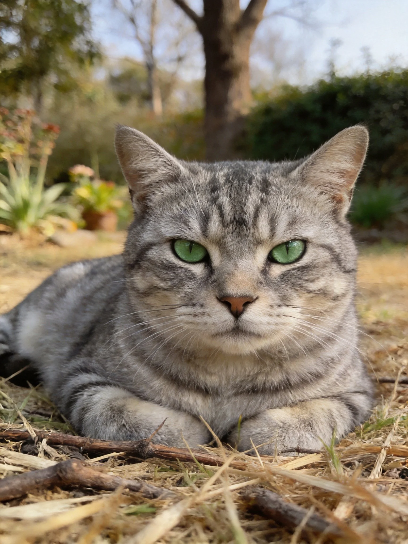 A gray tabby cat with green eyes relaxes on dry grass amid garden vegetation.