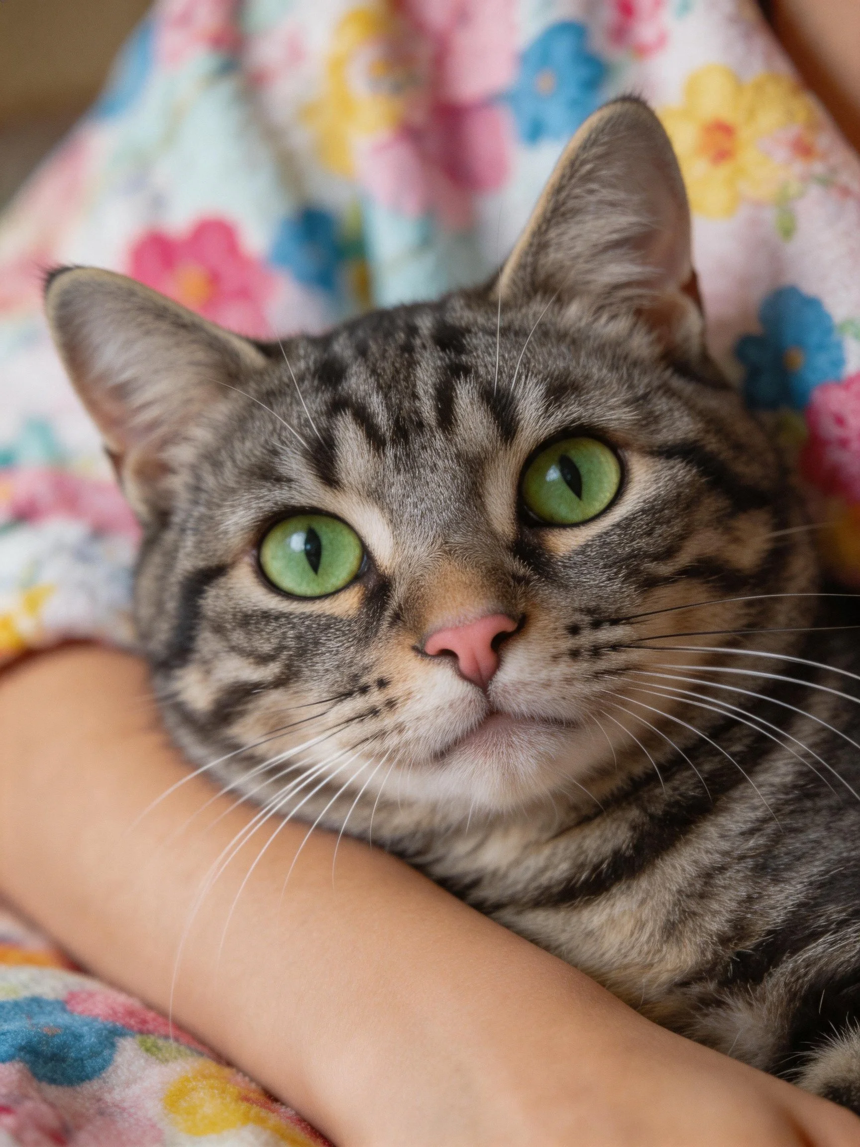 A gray tabby cat with bright green eyes rests on floral fabric.