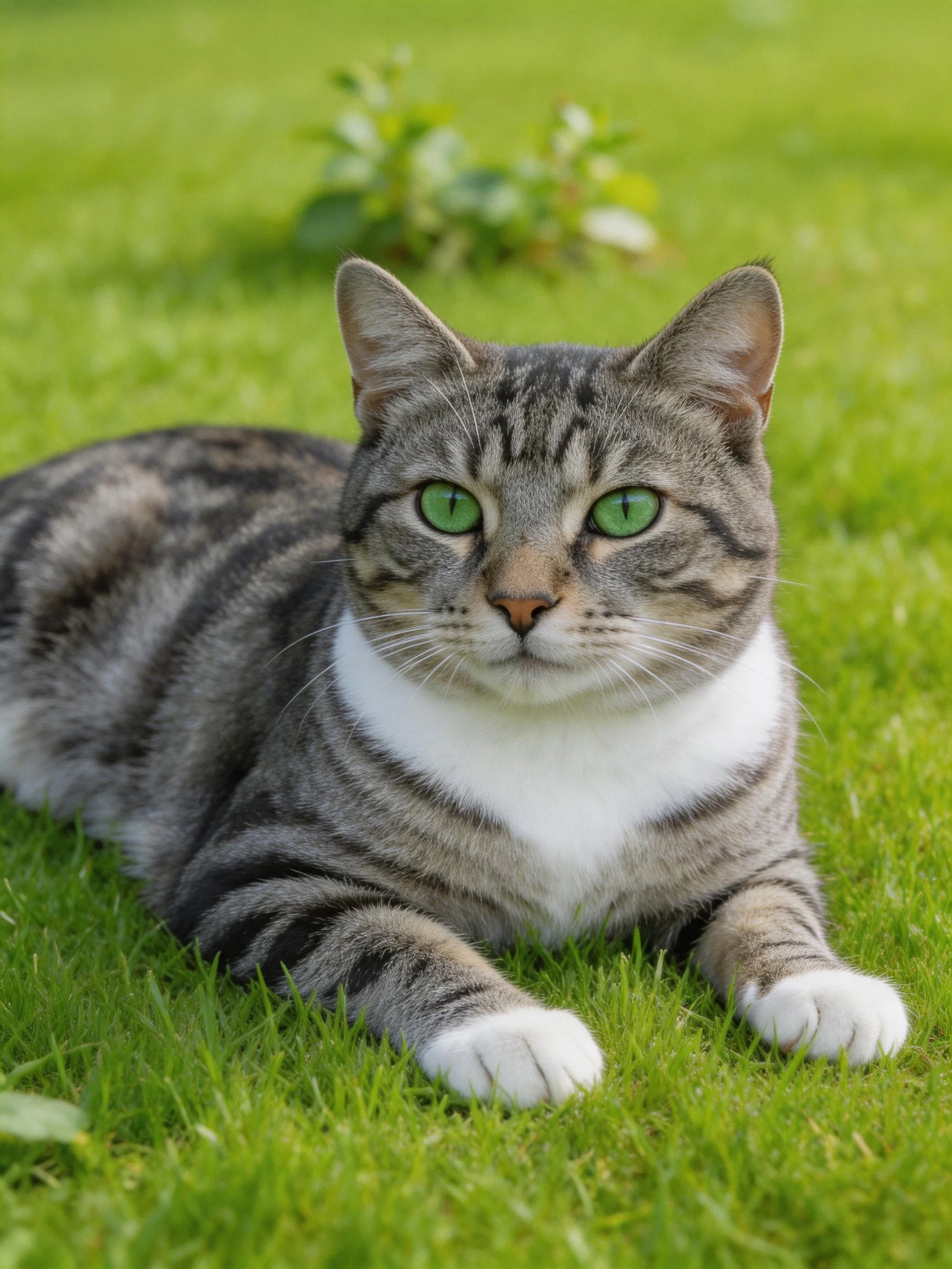 A gray tabby cat with green eyes lies calmly on vibrant green grass.