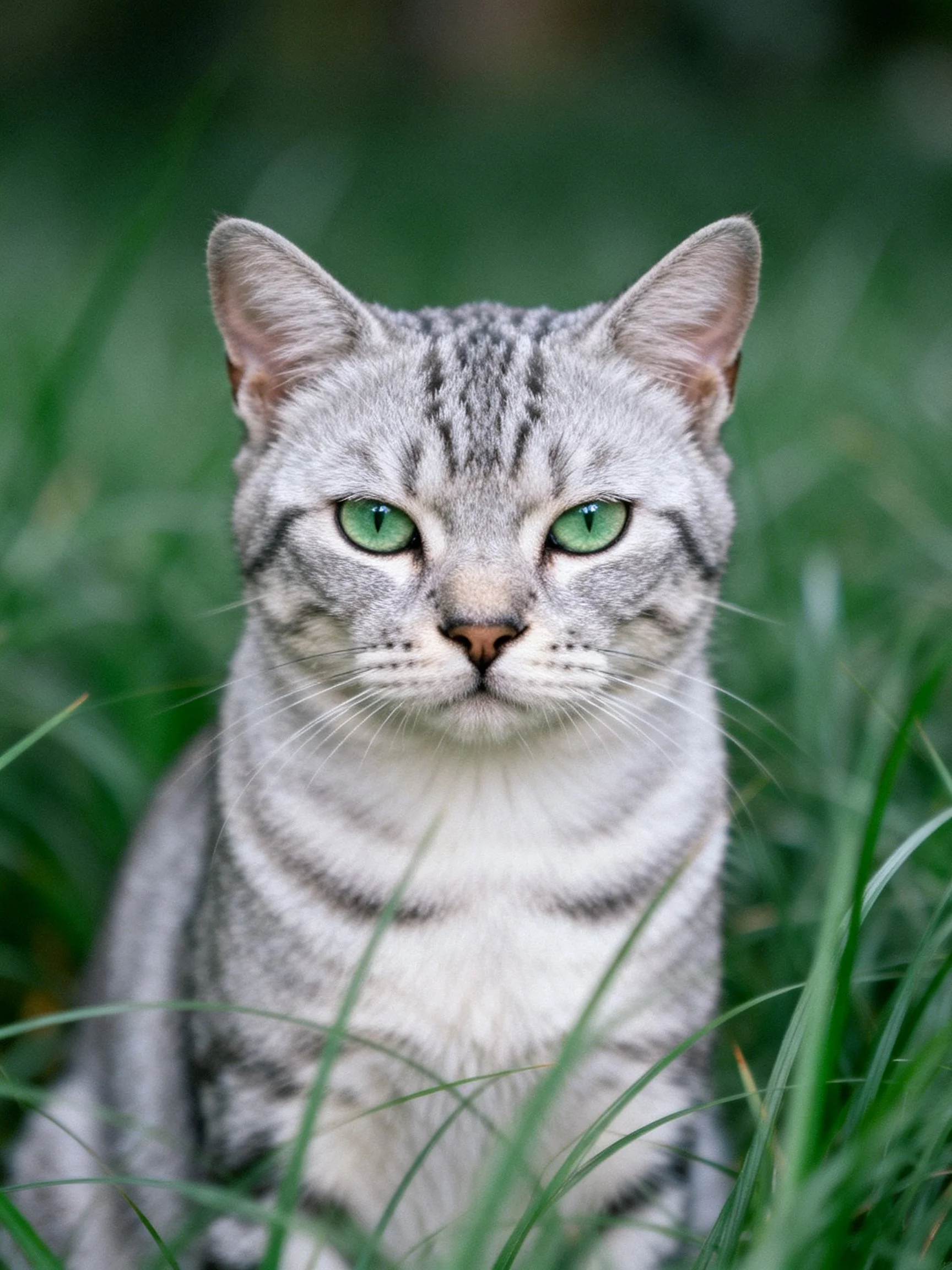 A gray tabby cat with green eyes sits calmly amid tall green grass