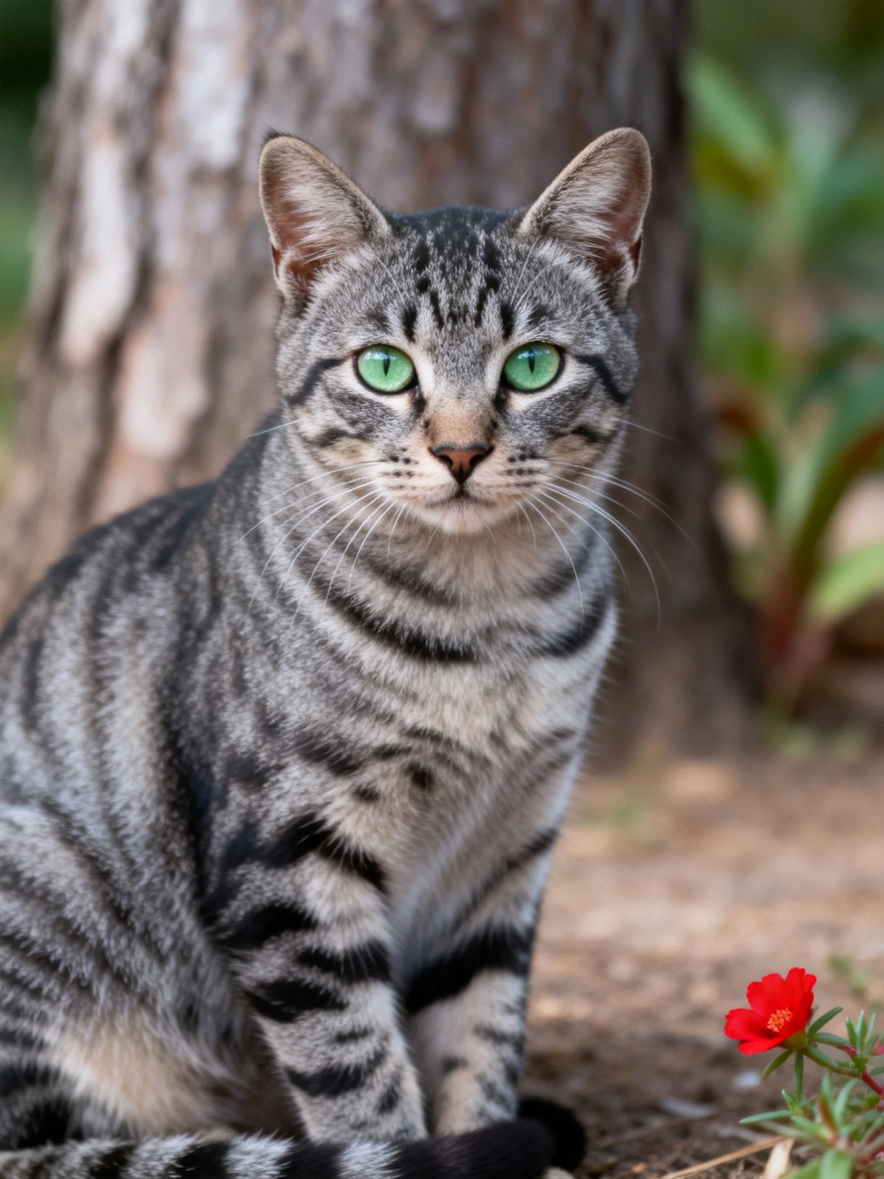 A gray tabby cat with green eyes rests near a tree and a red flower.