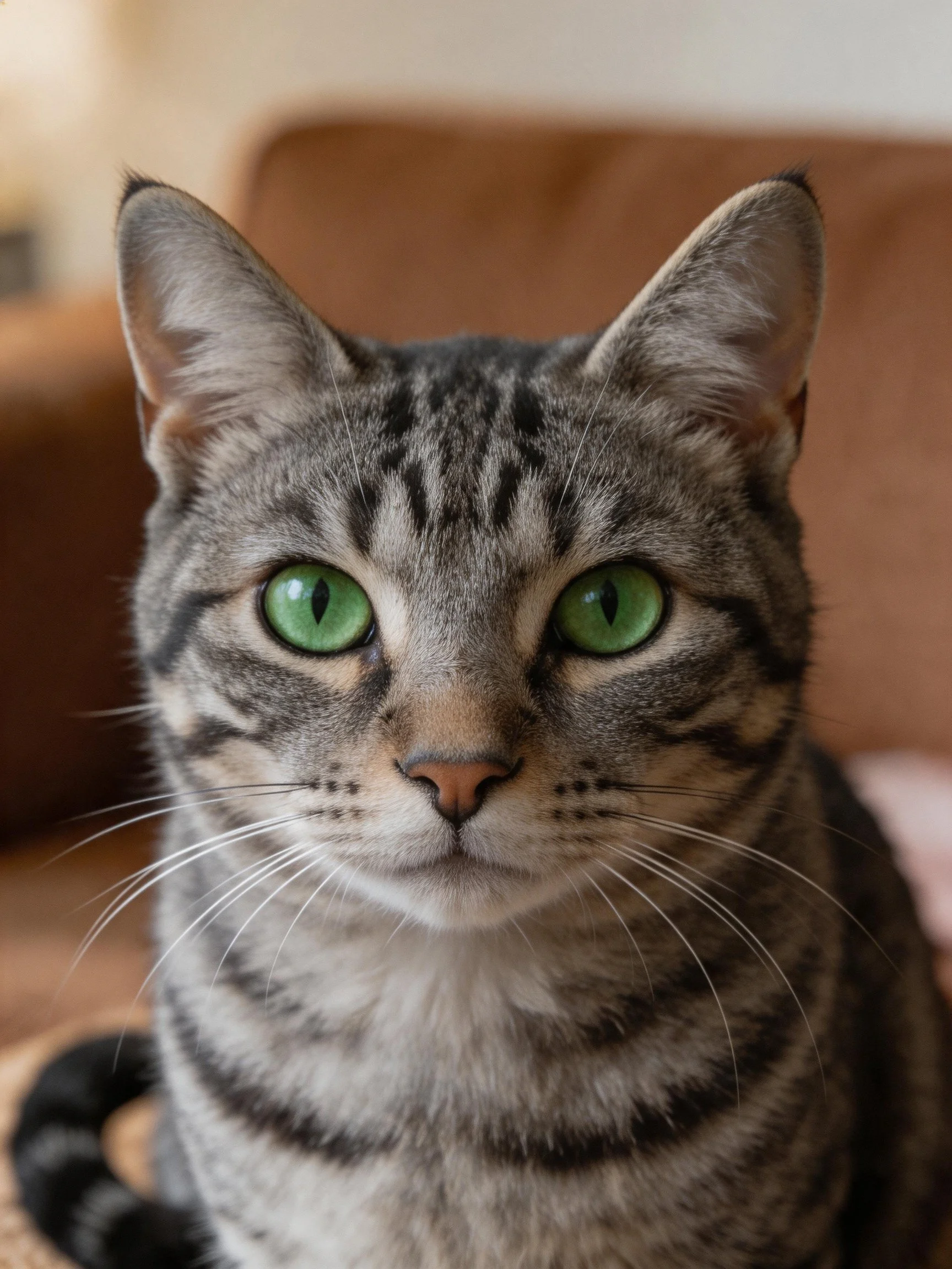 A gray tabby cat with bright green eyes sits indoors