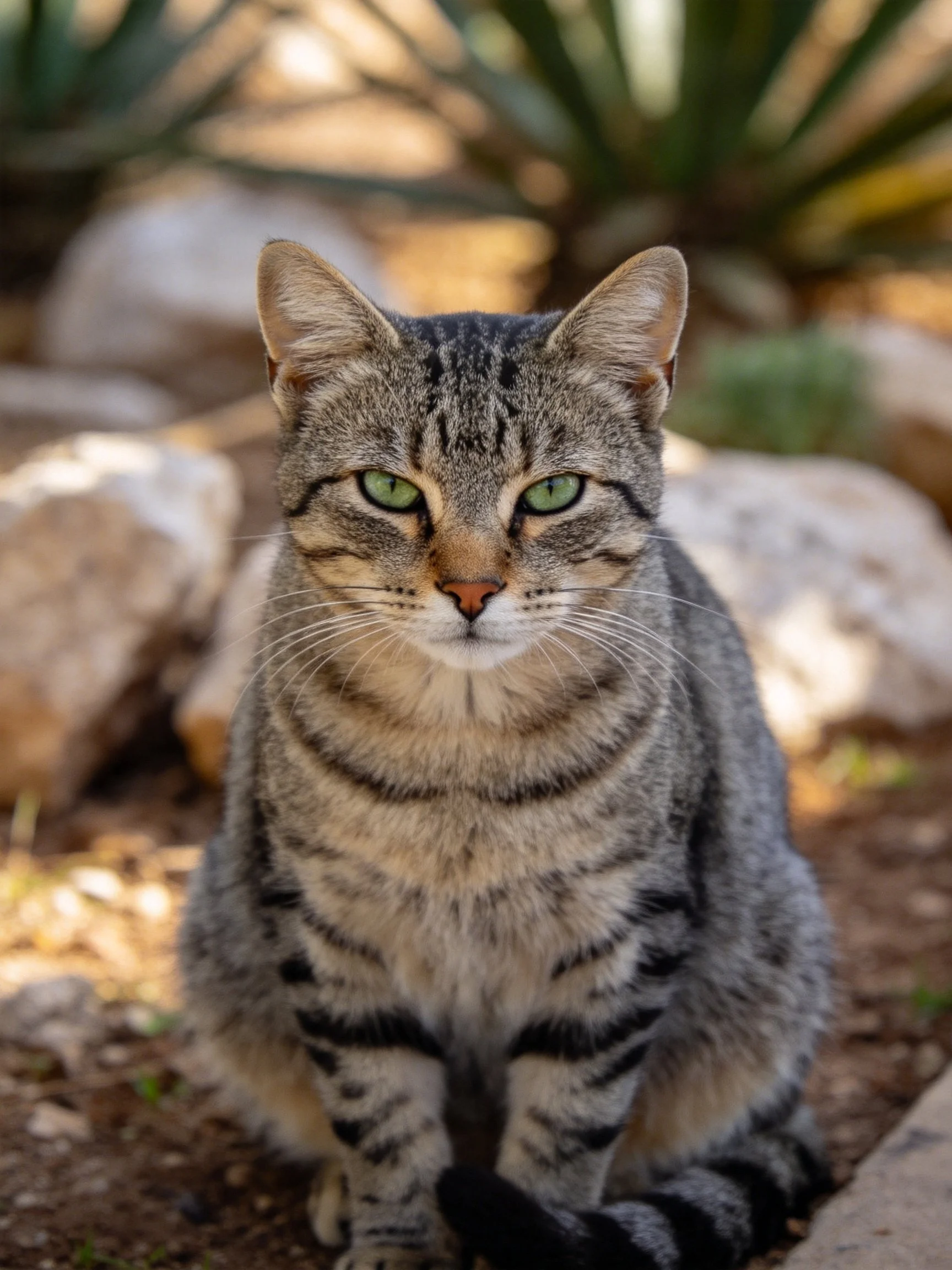 A gray tabby cat with green eyes rests amid rocks and vegetation.