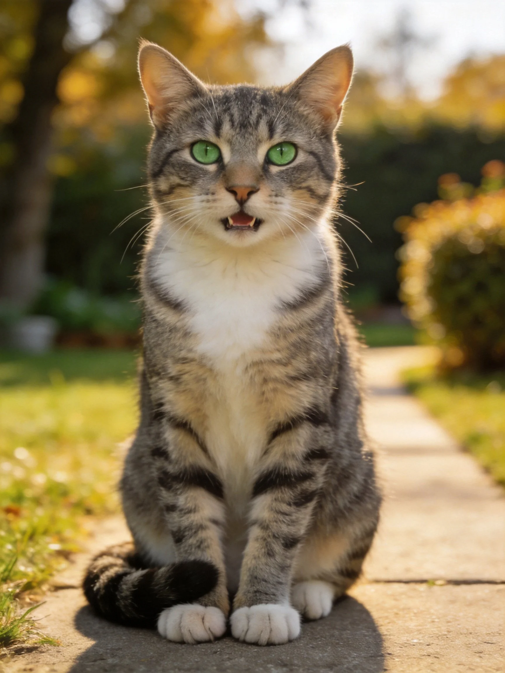A gray tabby cat with green eyes sits on a sunlit concrete path near natural scenery.