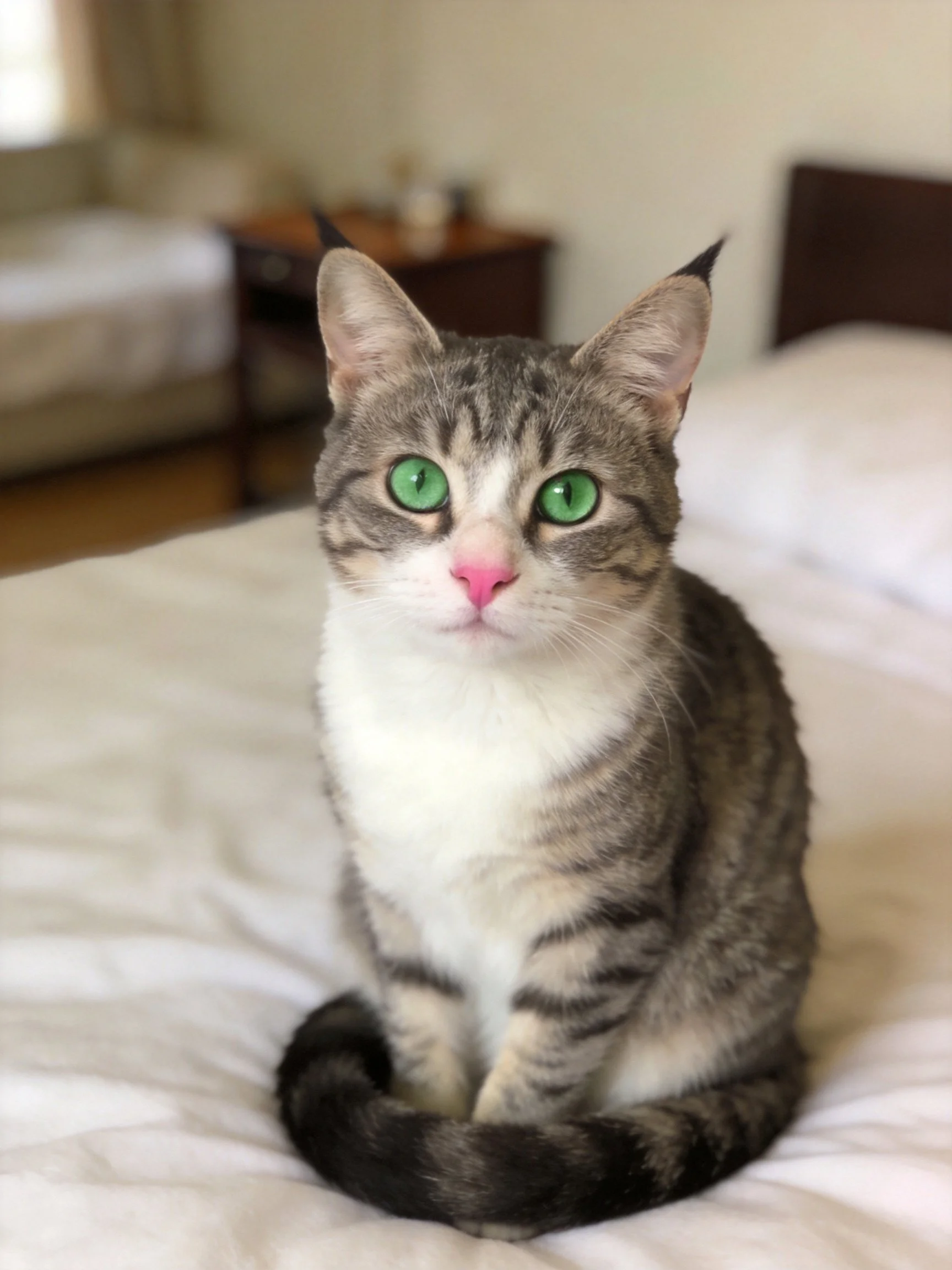 A gray tabby cat with green eyes sits calmly on a bed in a softly lit room.