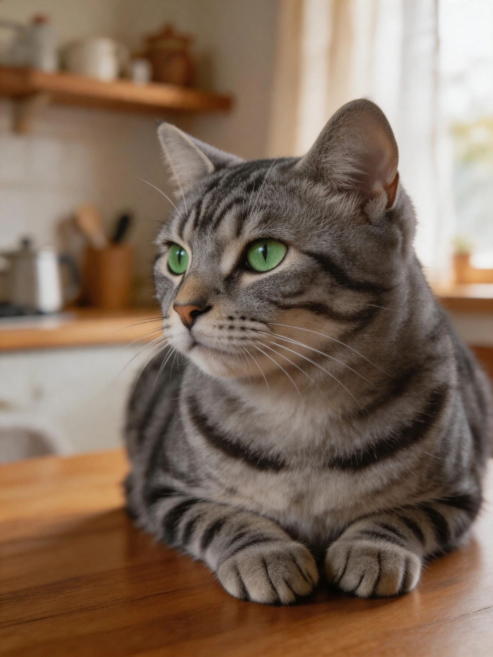 A gray tabby cat with green eyes rests on a wooden surface in a home kitchen.