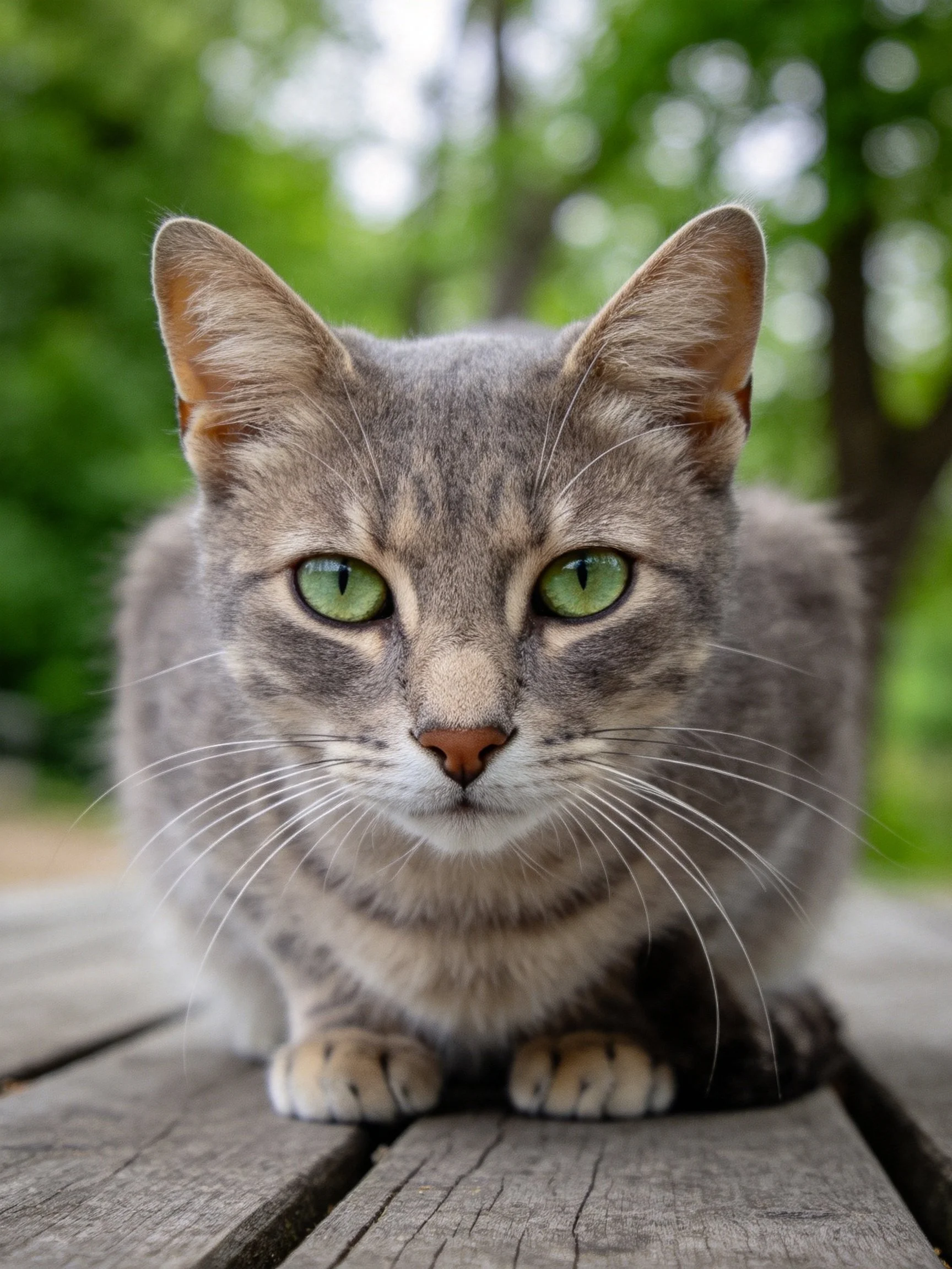 A gray tabby cat with green eyes sits calmly on wooden planks in a verdant outdoor setting