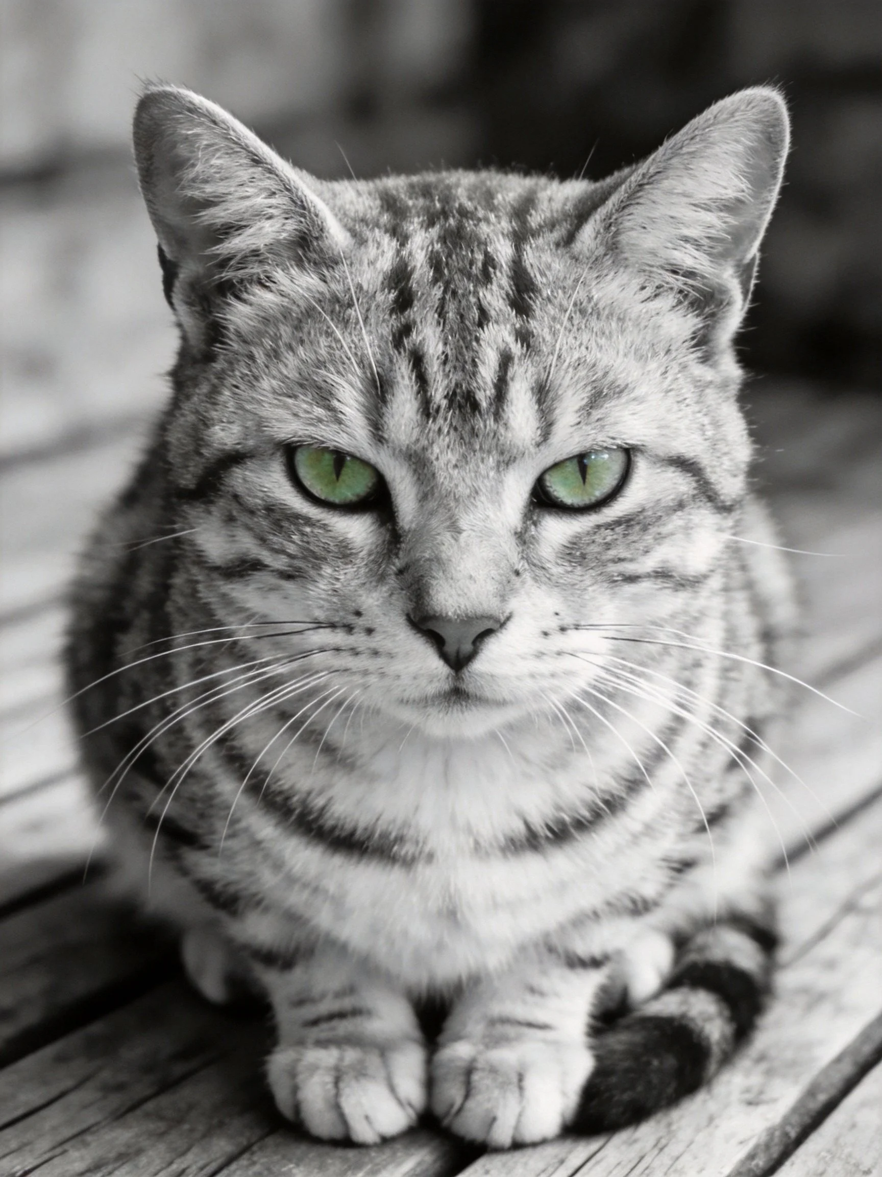 A gray tabby cat with bright green eyes rests on wooden planks.