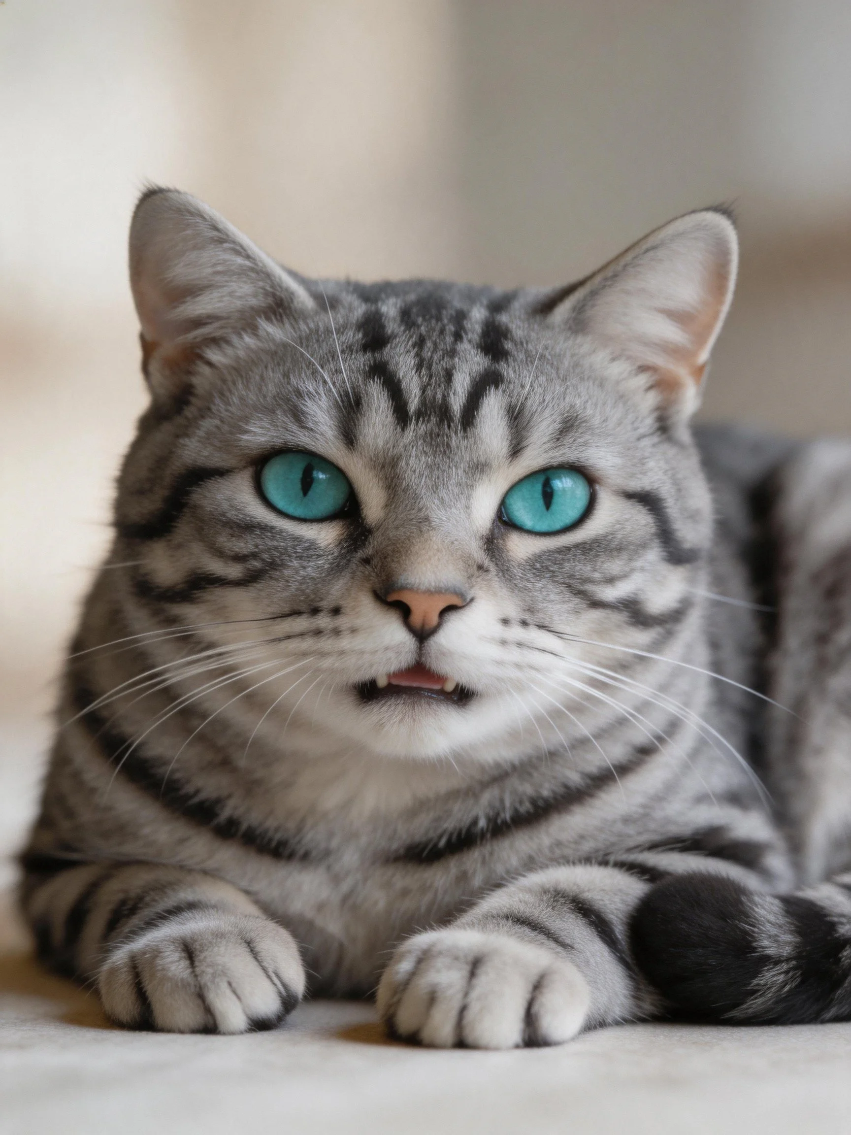 A gray tabby cat with turquoise eyes rests calmly indoors.