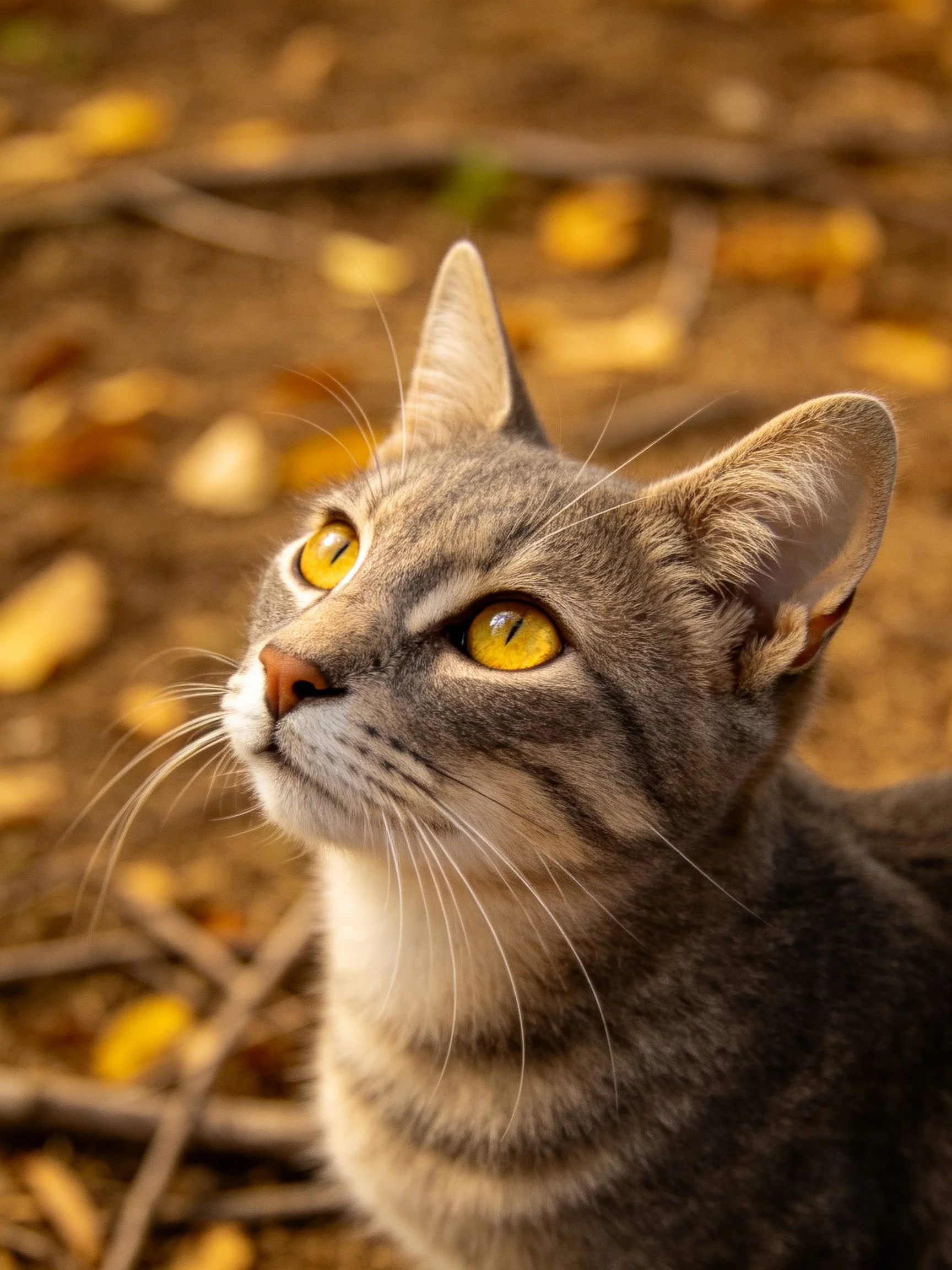 A gray tabby cat with bright yellow eyes among autumn leaves