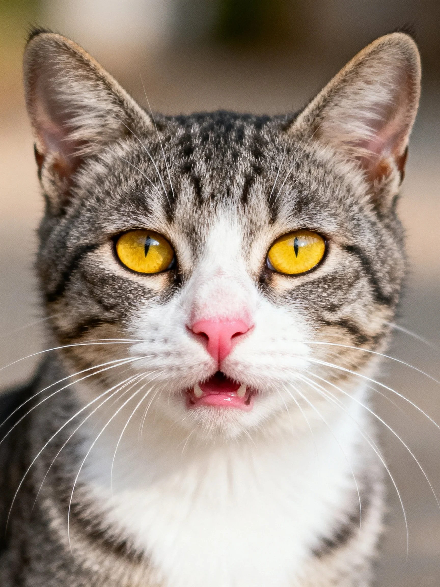 A close - up of a gray tabby cat with striking yellow eyes.