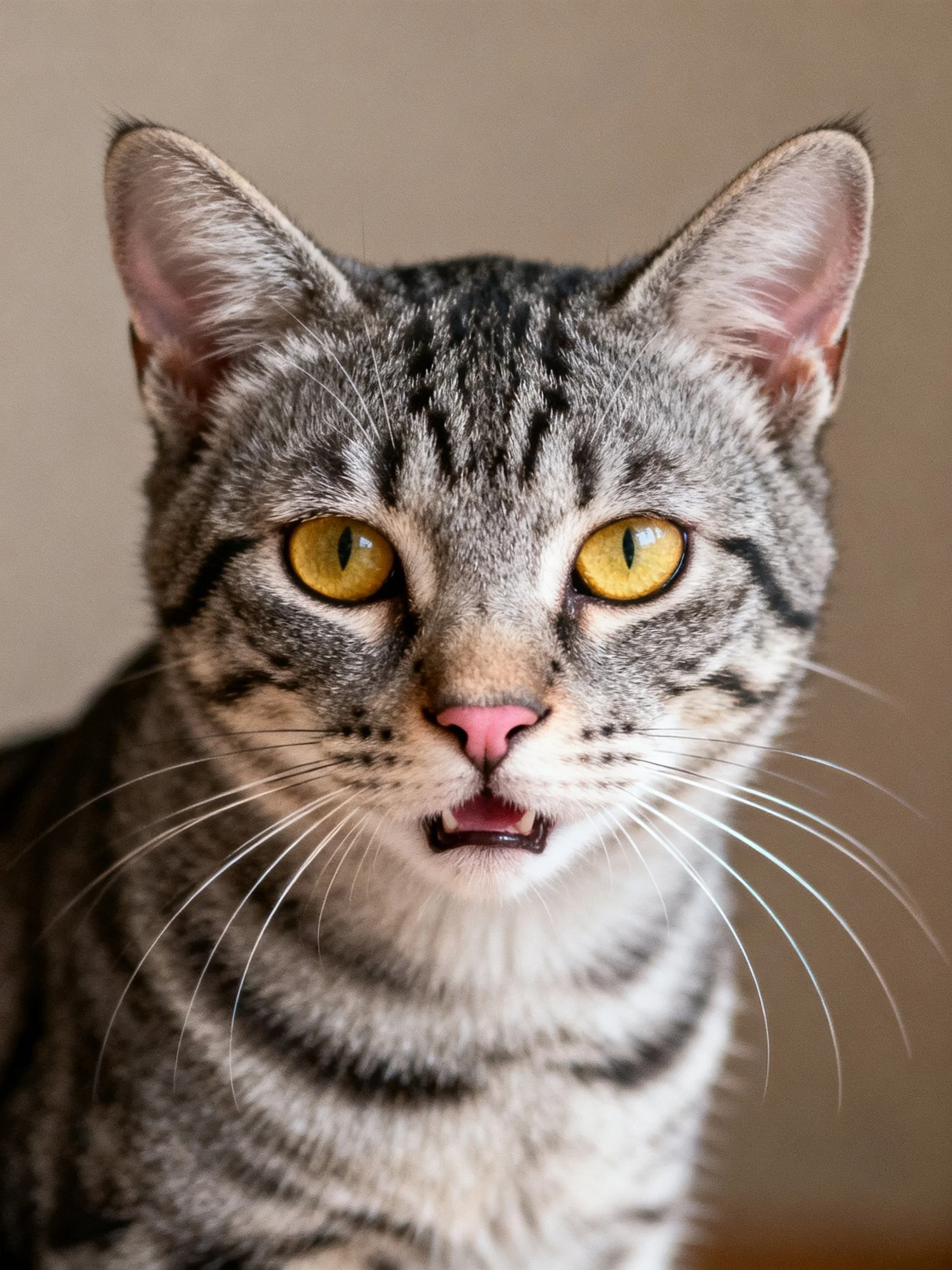 A gray tabby cat gazes directly at the camera with mouth open.