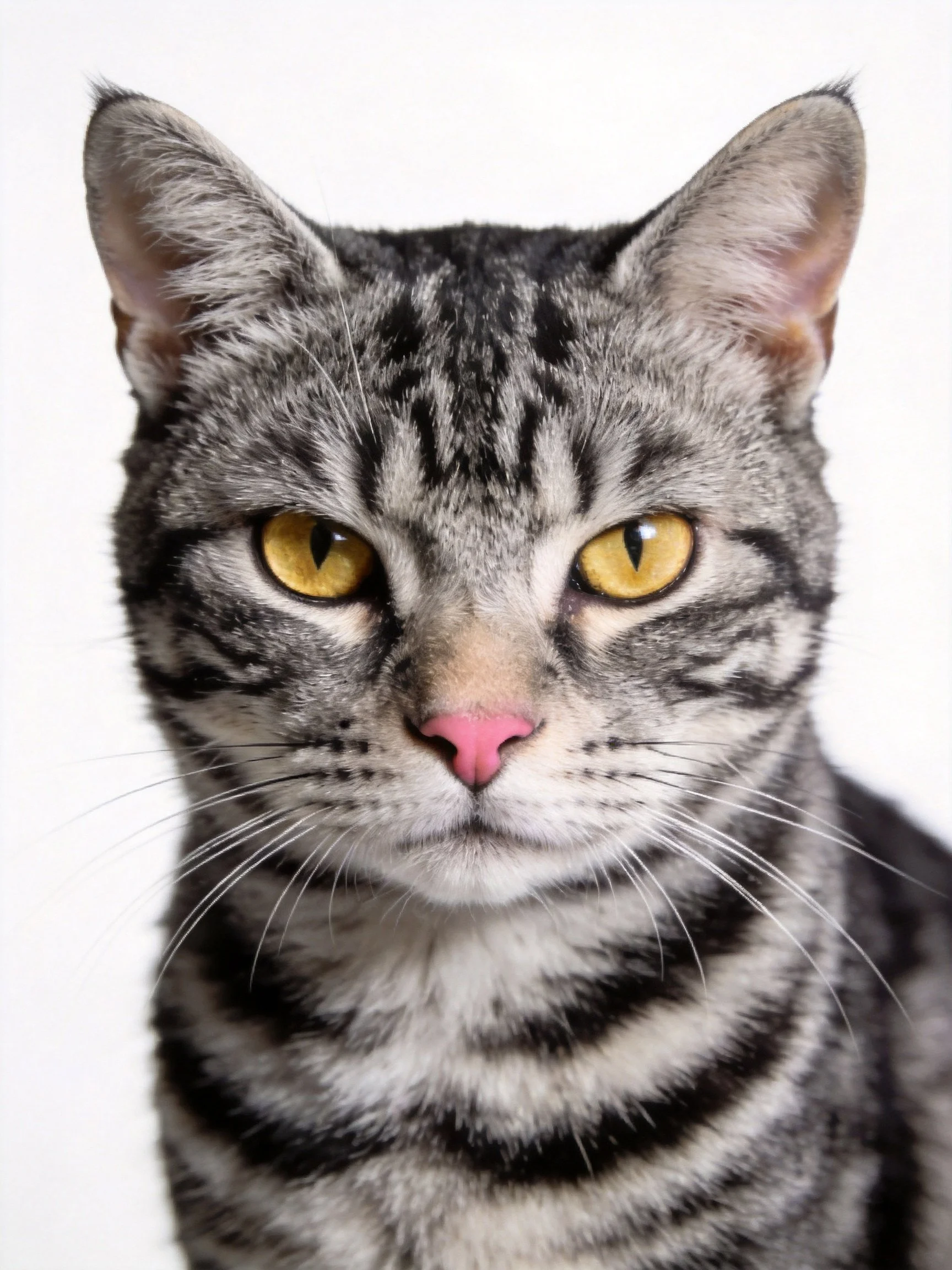 A gray tabby cat with bright yellow eyes and pink nose